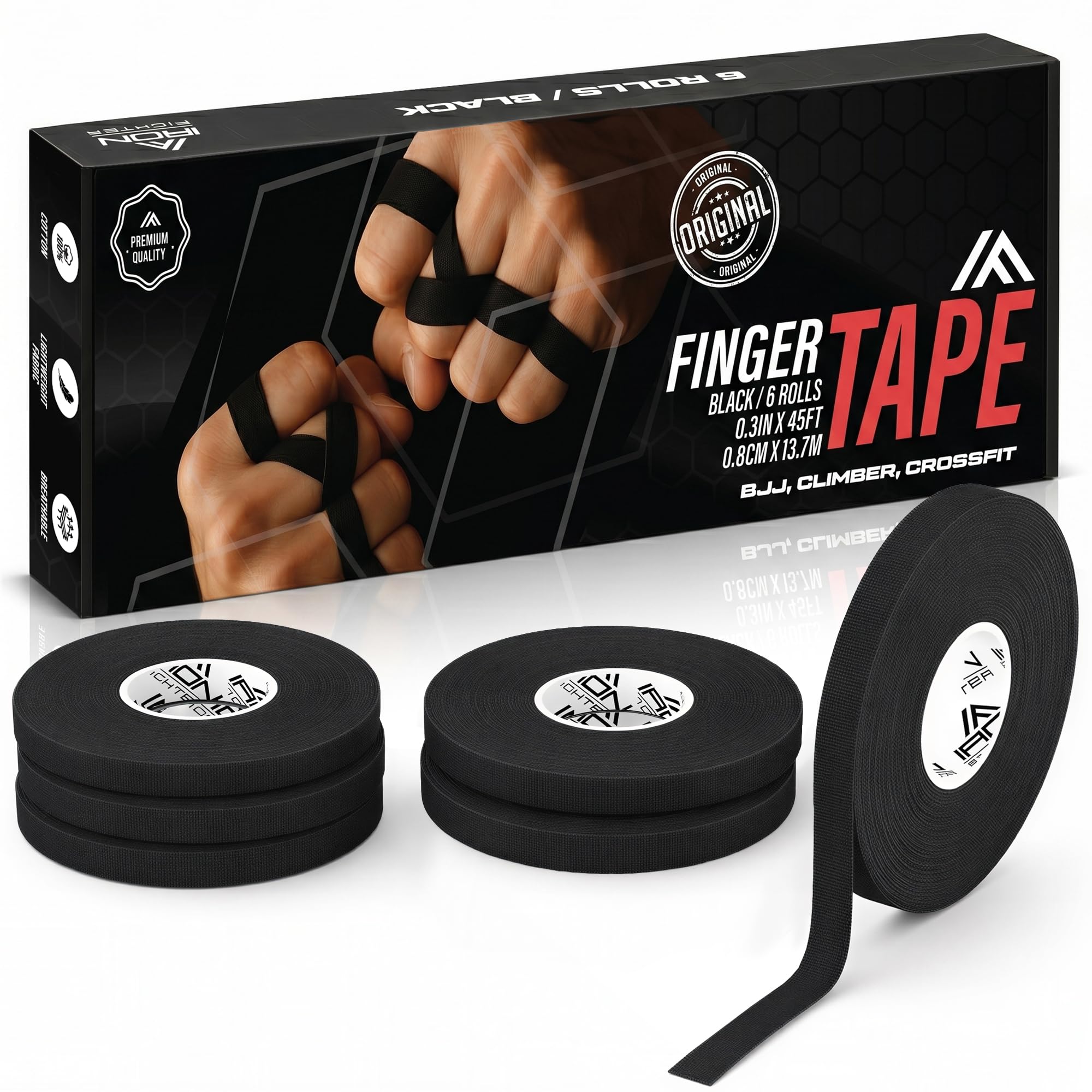 6X Strap Doigt 0,8cm x 13,7m (Total 82m) - JJB Jiu Jitsu Bresilien - Escalade - Crossfit - MMA - Grappling - Judo - Volleyball - Musculation - Rouleaux de Finger Tape Noir