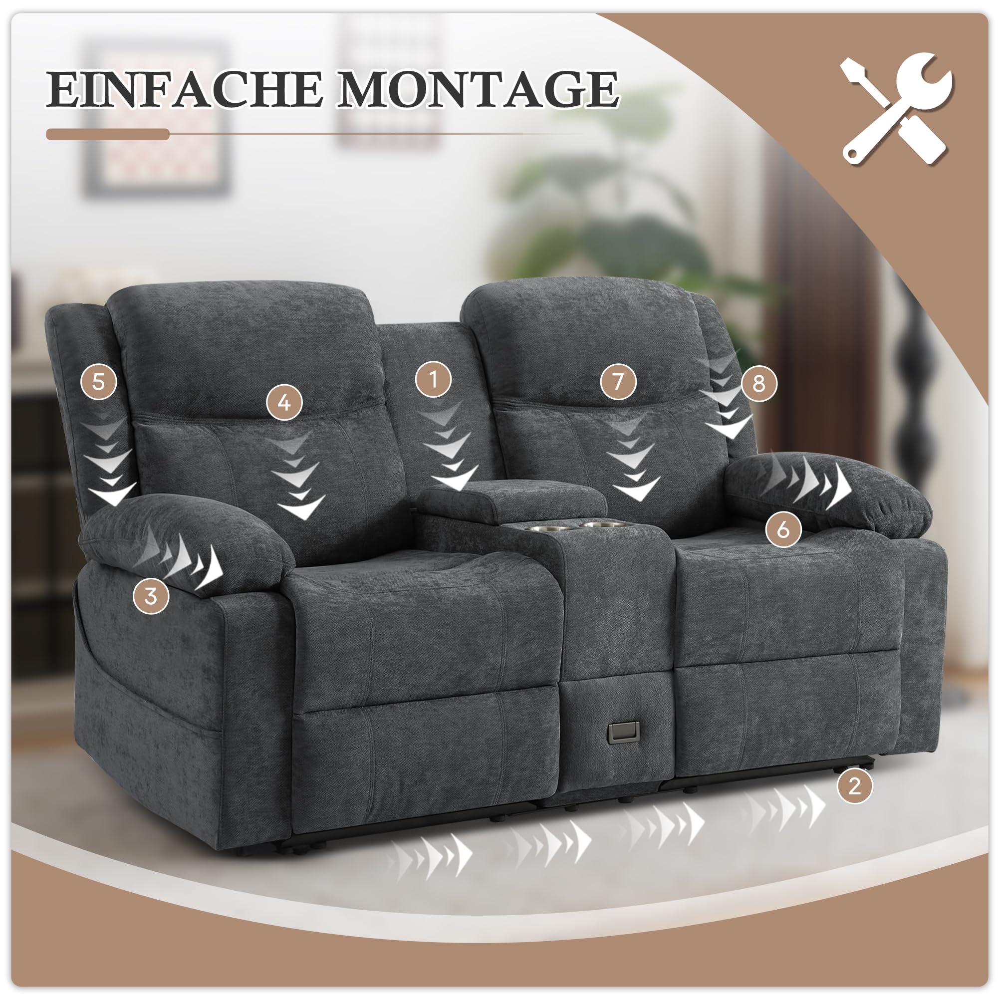 Zweisitziges Relaxsofa mit manueller Liegefunktion, Stoffbezug, Mittelkonsole mit Becherhaltern & Seitentasche – Doppel-Liegesofa ideal für Wohnzimmer, Büro oder Wohnung (Grau)