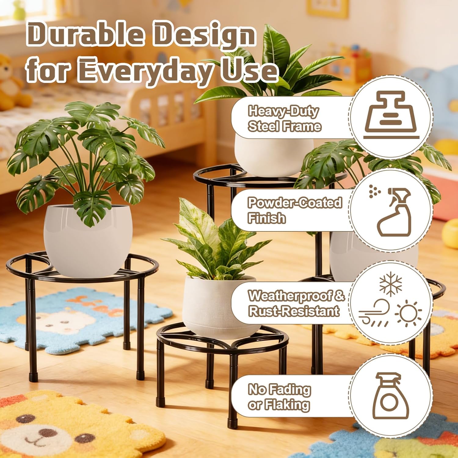 4 Pack Metal Plant Stands for Indoor Outdoor Plants Rustproof Metal Flower Pot Stands Round Plant Shelf Heavy Duty Potted Plants Shelf Decoration for Planter Supports Garden Home (3 Sizes)