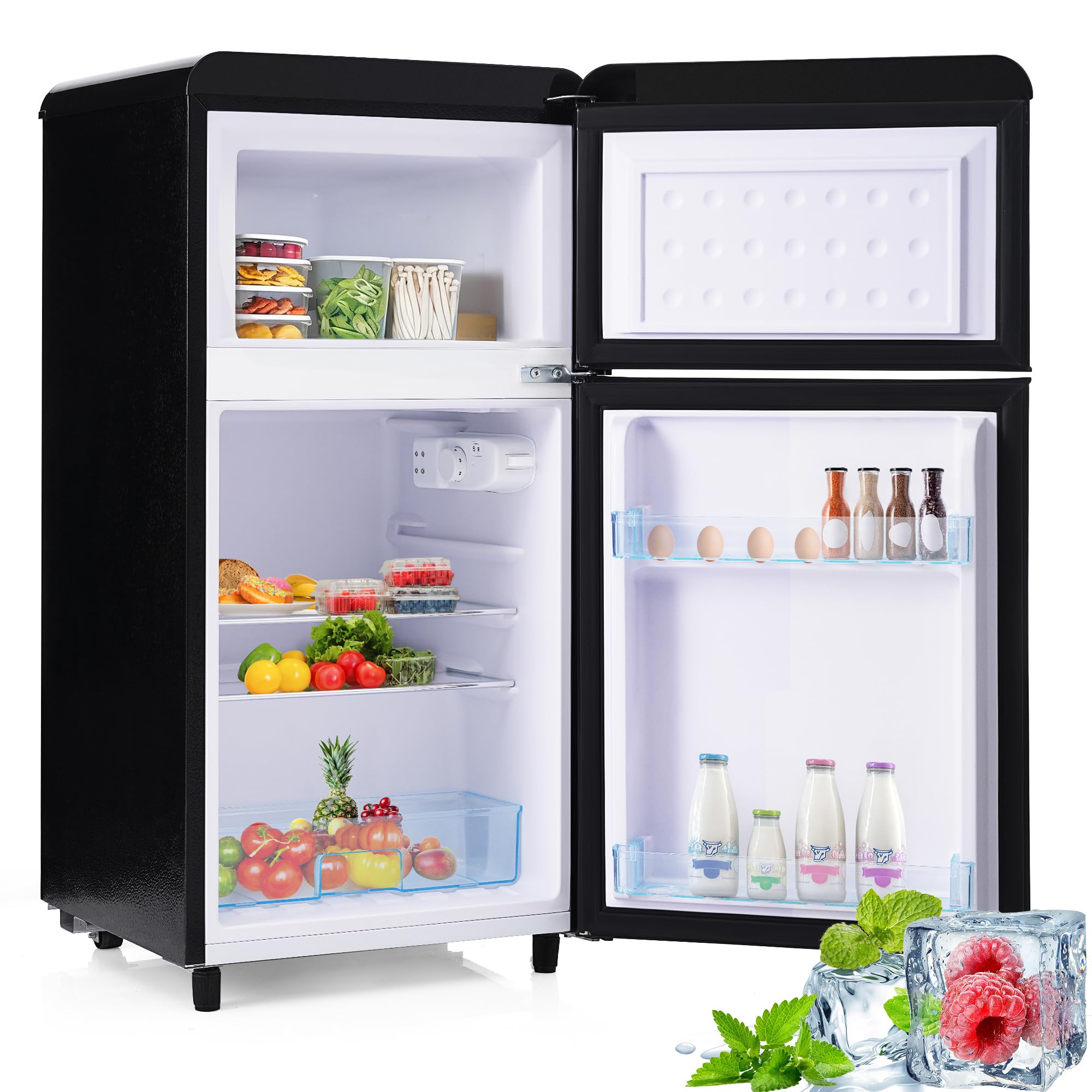 Réfrigérateur Congélateur Combiné Rétro 72L, Mini Frigo 2 Portes Compact avec Congélateur 21L, Petit Réfrigérateur Économe Classe E,Noir