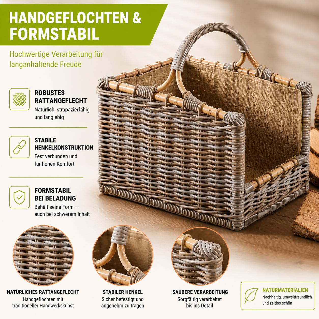 Kobolo Holztrage aus Rattan | 50x38x47 cm | grau | stabiler Kaminholzkorb mit Griff & Stoffeinsatz | robuster Holzkorb geflochten für Brennholz, Kaminholz & Feuerholz | dekorative Holzaufbewahrung