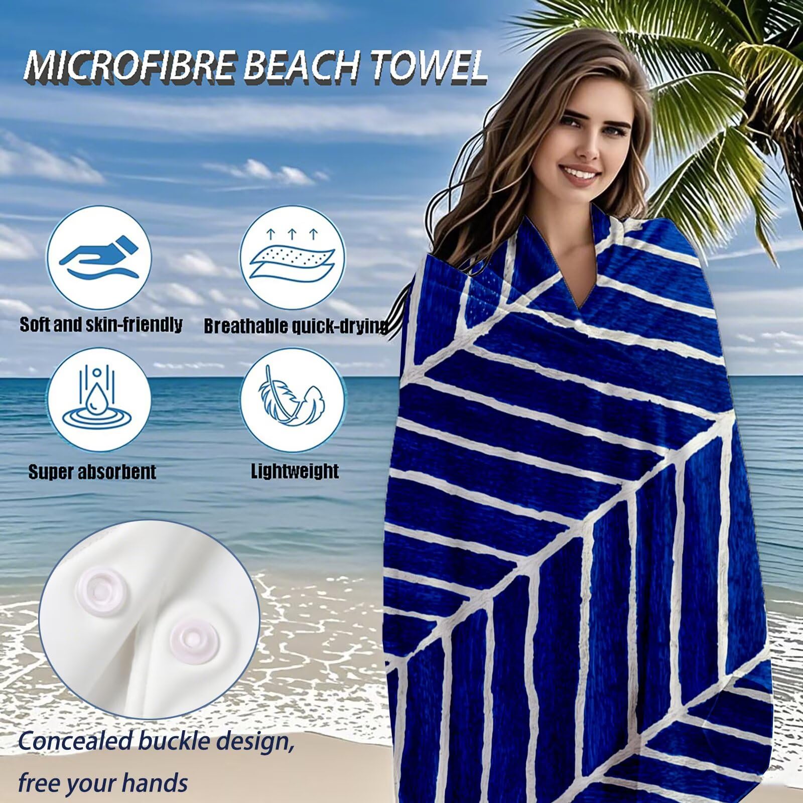 Serviette Plage Bande Motif, Serviette de Plage XXL 100x180 avec Sac, Serviettes de Bain Microfibre Séchage Rapide Anti-Sable Absorbante Fonction pour Bain, Sport, Voyages, Sauna, Piscine Q-938