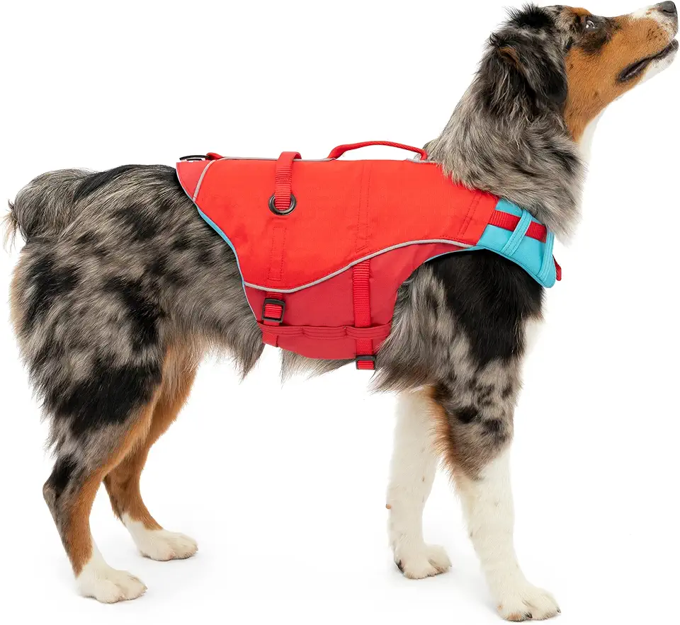Kurgo Surf n' Turf Colete salva-vidas para cães, colete salva-vidas para natação, coletes flutuantes para cães, refletivo, ajustável (vermelho pimentão, PP)