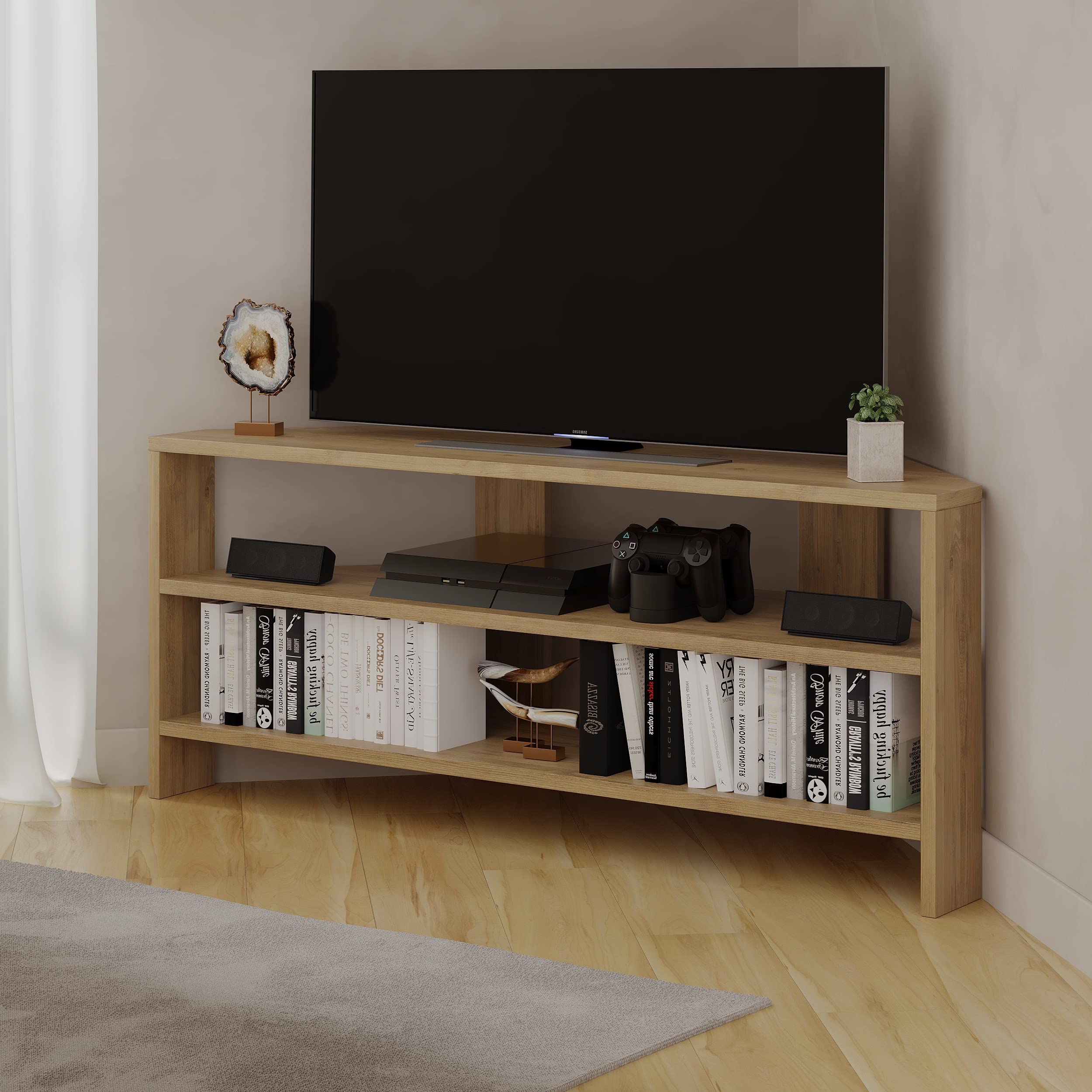 HOCUS PICUS Corner TV Stand with 2 Shelf, Oak