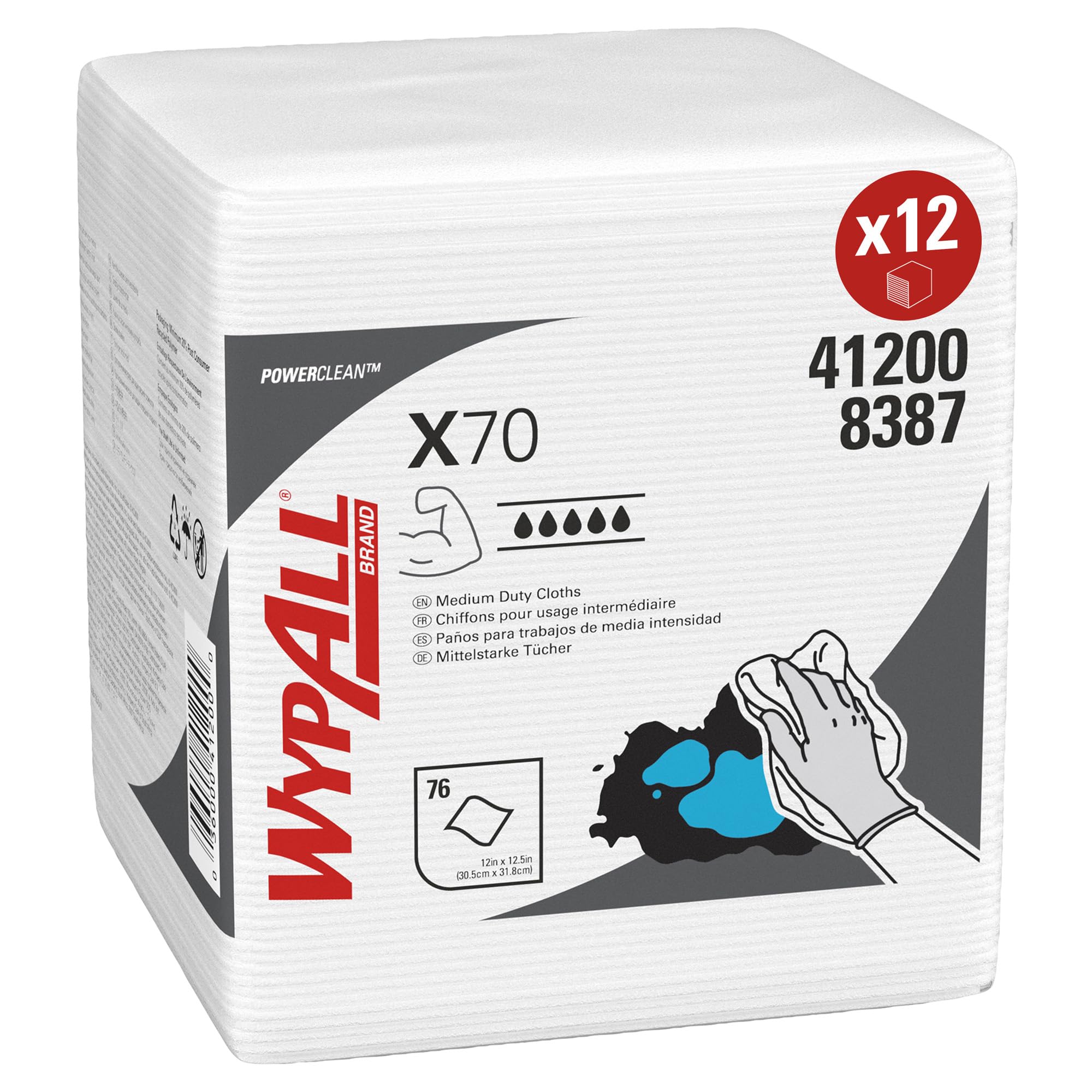 WypAll® X70 Power Clean™ Reinigungstücher 8387, wiederverwendbare saugfähige Wischtücher für vielseitiges und effizientes Wischen, 12 Packungen x 76 Tücher (insg. 912 Tücher)