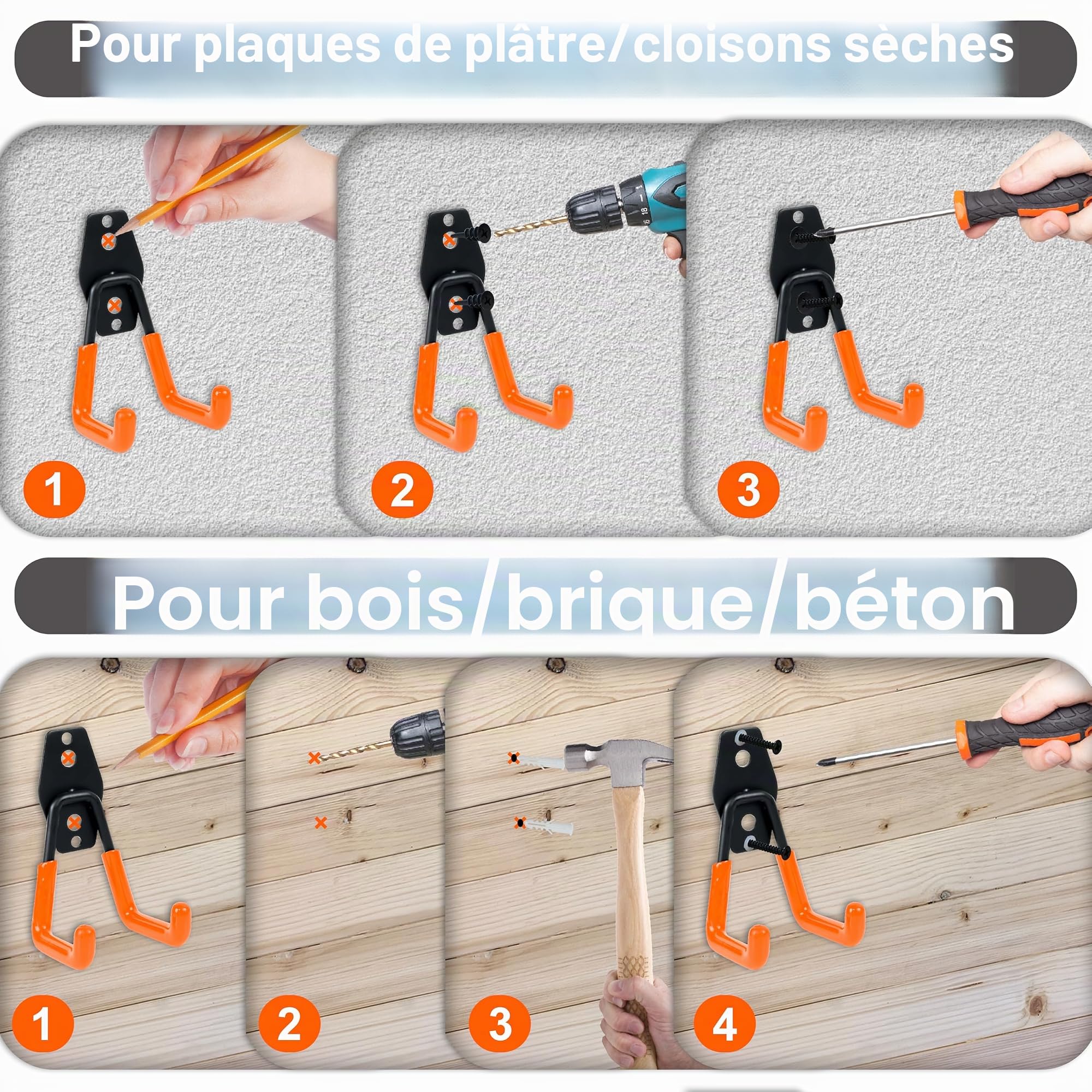 QUELIEN Lot de 16 crochets muraux de garage – Crochets muraux de garage pour porte-tuyaux, câbles et outils, systèmes de rangement peu encombrants pour garage, atelier et maison