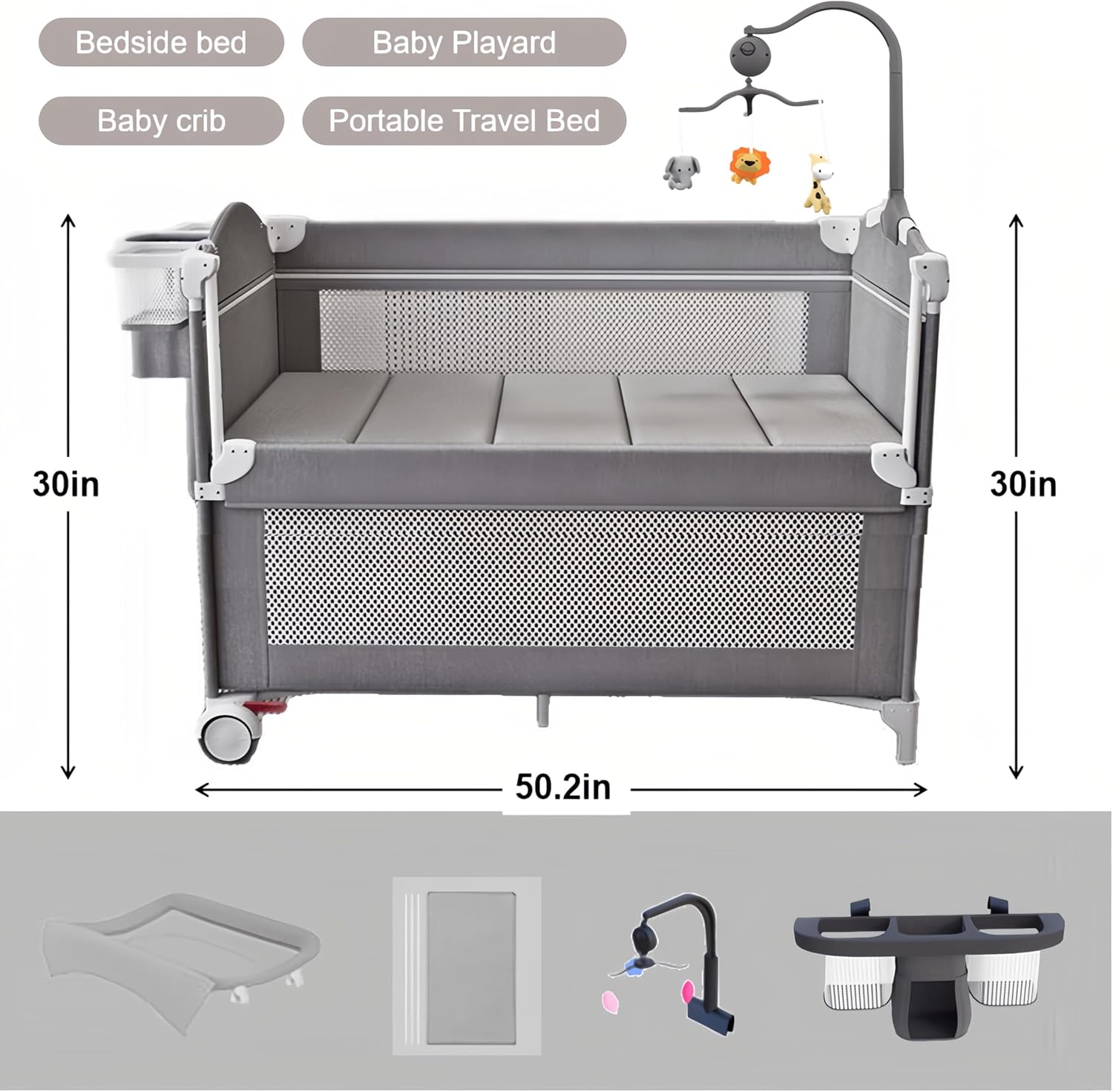 Pack and Play Baby Bedside Crib, Foldable and Portable Baby Travel Crib for Toddlers and Babies, Large Space Playard with Wheels (6602 Grey Without Luxurious Mosquito Net)