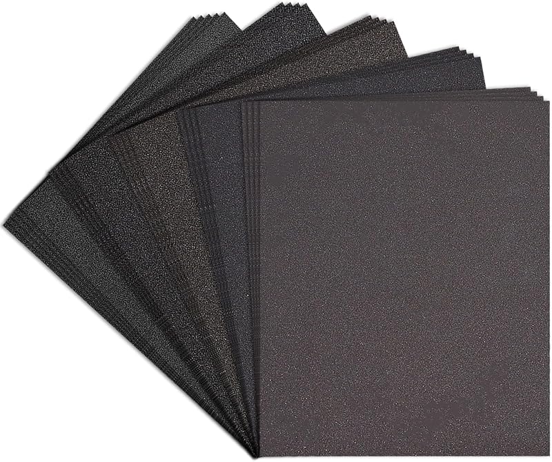 Surtido de papel de lija premium de 9" x 11" - 25 piezas (80, 120, 180, 220, 320, 400 granos) Hojas de papel de lija en seco y húmedo de carburo de silicio - Lijado automotriz, muebles de carpintería, acabado de metal