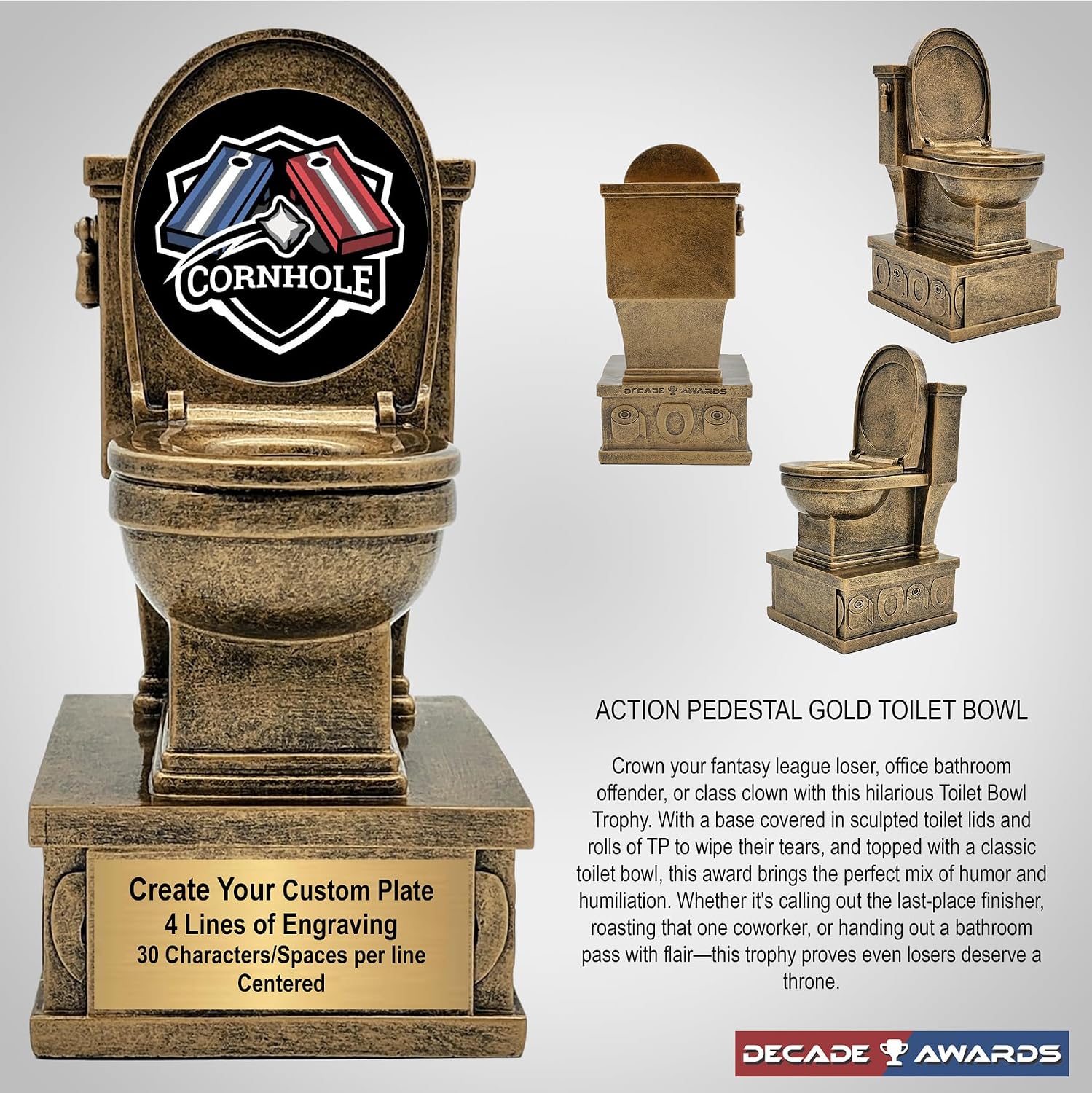 Action Pedestal Gold Toilet Bowl Trophy - Custom Engraved Last Place Award with Optional Lid Inserts - Customize Now (7 Inch)