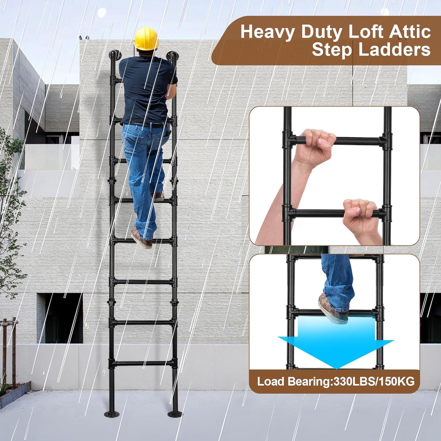 5.6FT/170cm Ladder for Bunk Bed, 5-Step Wall Floor Mounted Metal Loft Step Ladder, 330lbs Heavy-Duty Load Capacity, Indoor Outdoor Use for Home Window Well Egress, Basement, High Entrance Attic