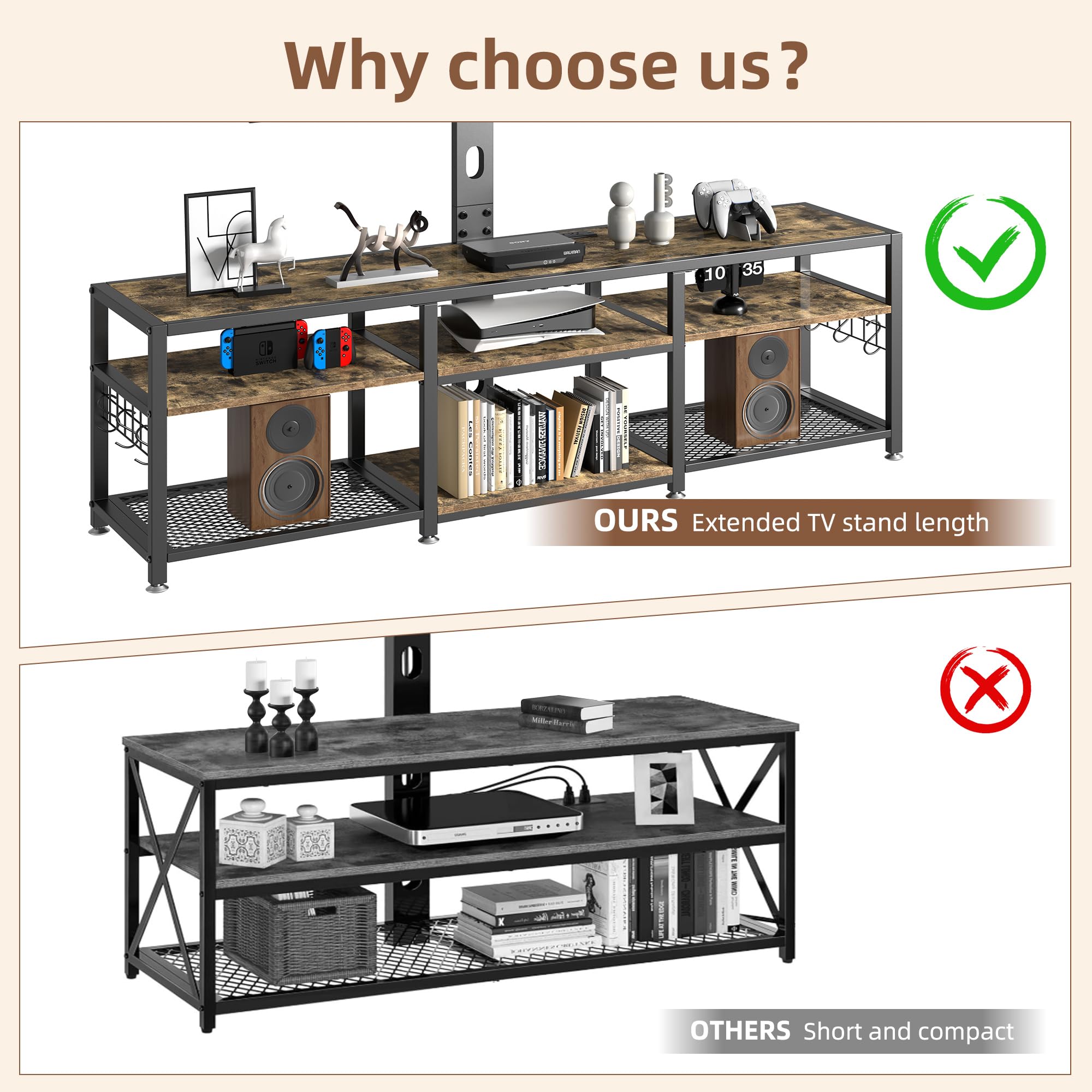 VECELO 63" TV Stand with Mount and Power Outlets, Entertainment Center Console with Open Storage Shelves, Height Adjustable Mount up to 75”, Wooden Table and Metal Frame for Living Room, Rustic Brown