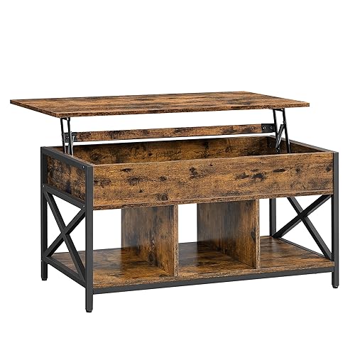 VASAGLE Lift Top Coffee Table for Living Room, Industrial Coffee Table with Hidden Compartments and Storage Shelf, 19.7 x 39.4 x (19.3-24.4) Inches, Rustic Brown and Black ULCT202B01 - 19.7 x 39.4 x (19.3-24.4) Inches - Rustic Brown + Black