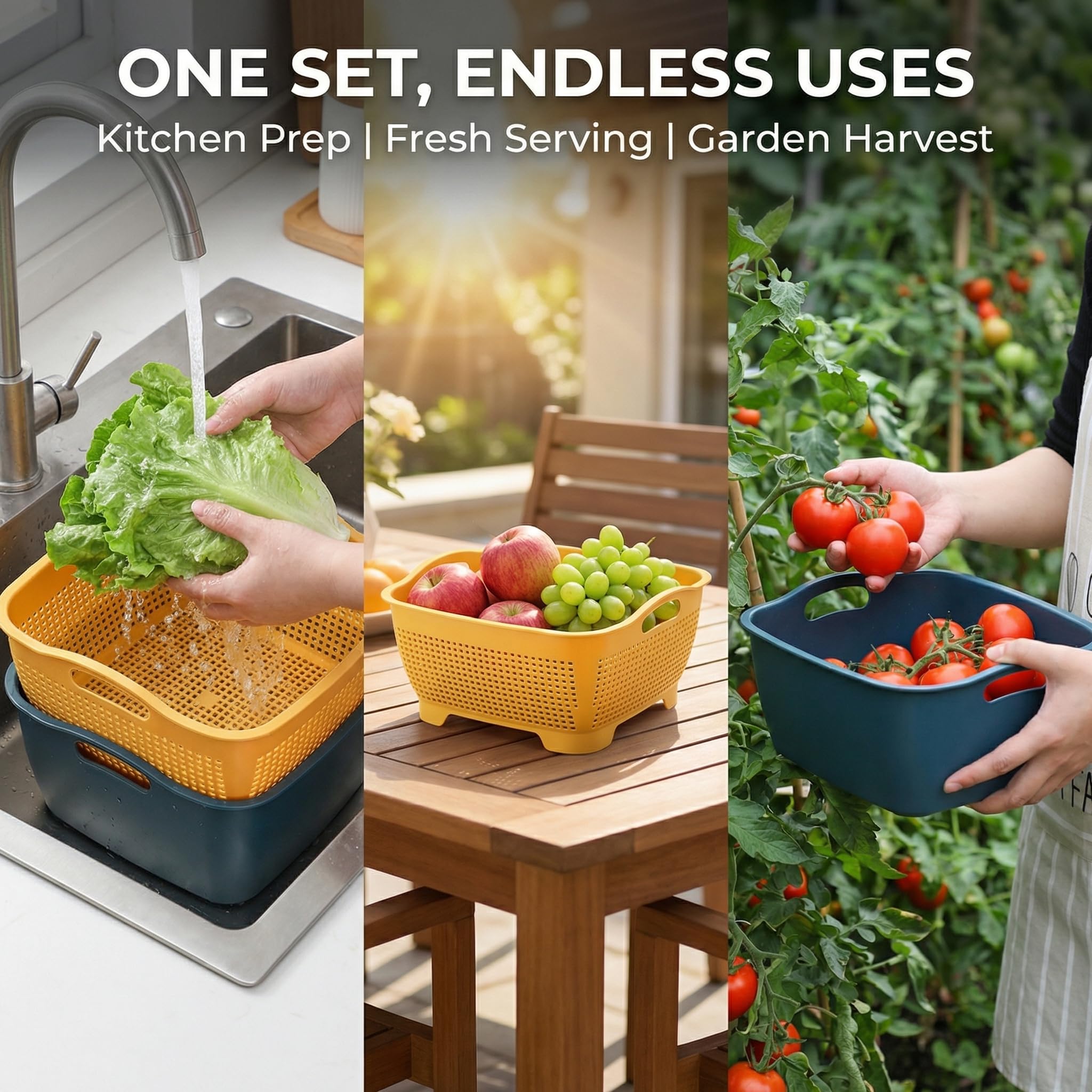 Jucoan Juego de 2 cuencos de cocina grandes de 9 y 8 cuartos de galón, cesta de plástico de doble capa para lavar frutas y verduras, cuencos de drenaje para limpieza
