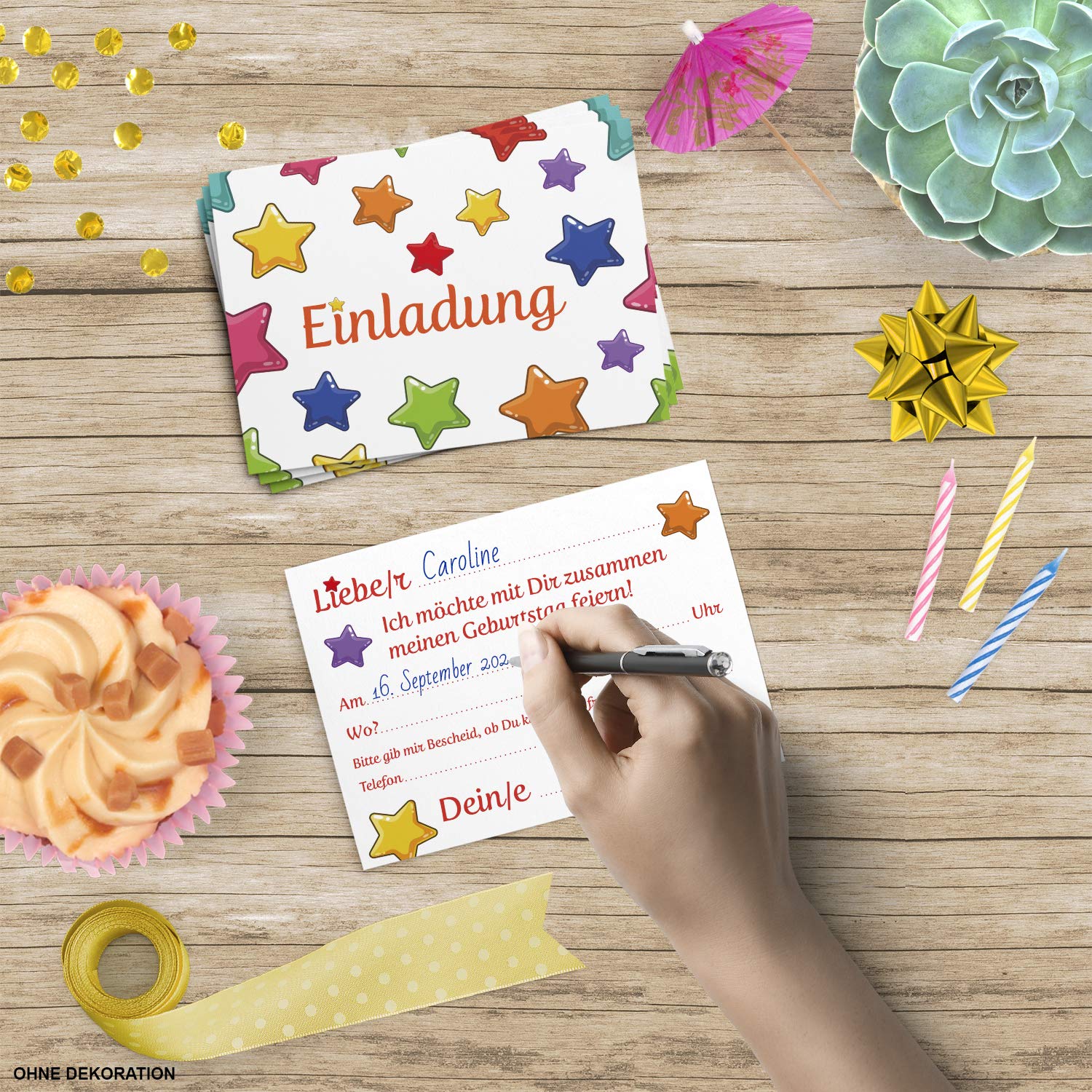 Kindergeburtstag Einladungs-Set – 8 Karten, Umschläge, Tüten & Aufkleber Mit Sternen-Motiv