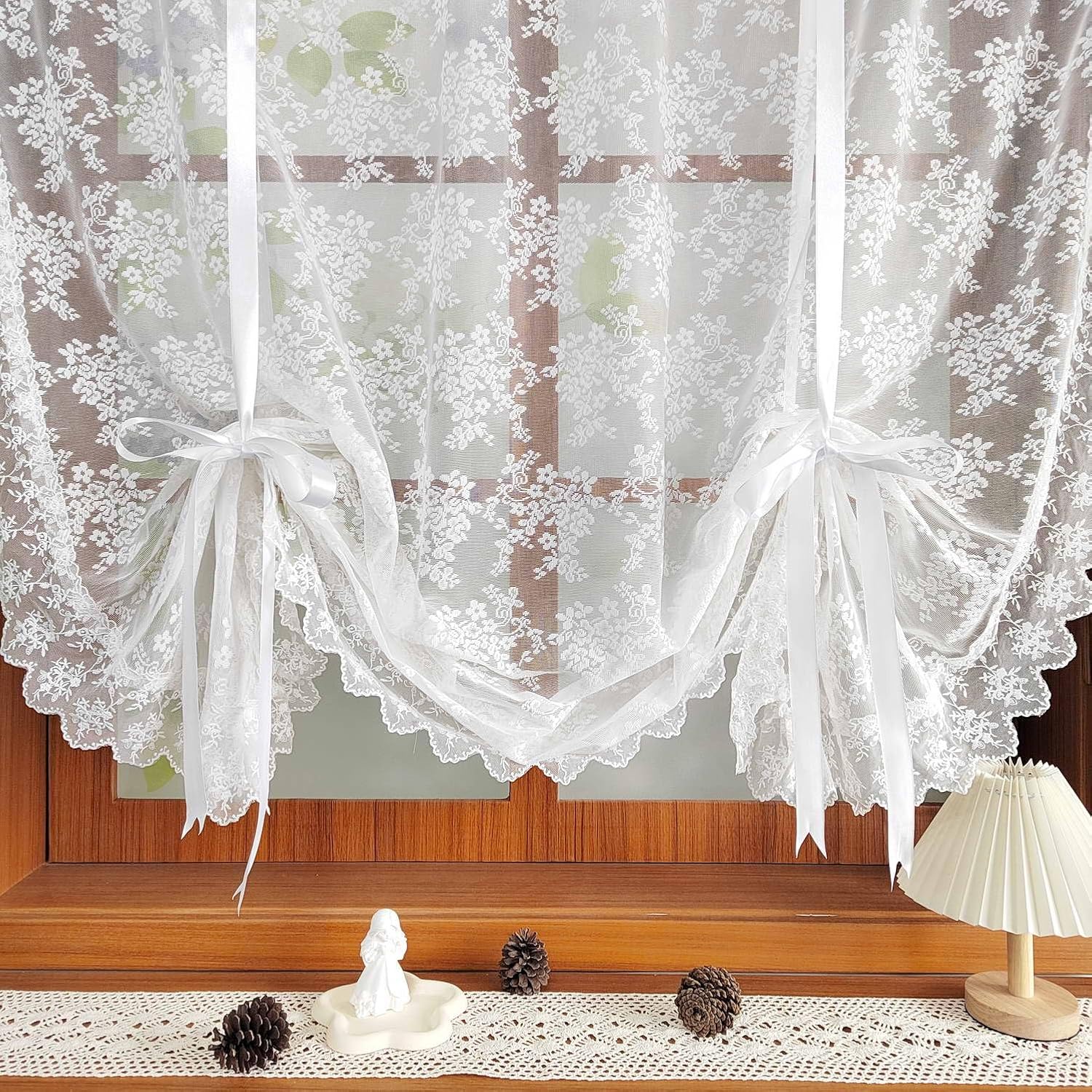 1 Panel Elegant White Lace Sheer Tie Up Curtains for Window Floral Balloon Lace Sheer Valance for Kitchen Embroidered Adjustable Curtain Valance for Cafe Bathroom Rod Pocket (White,W51 L47 inch)