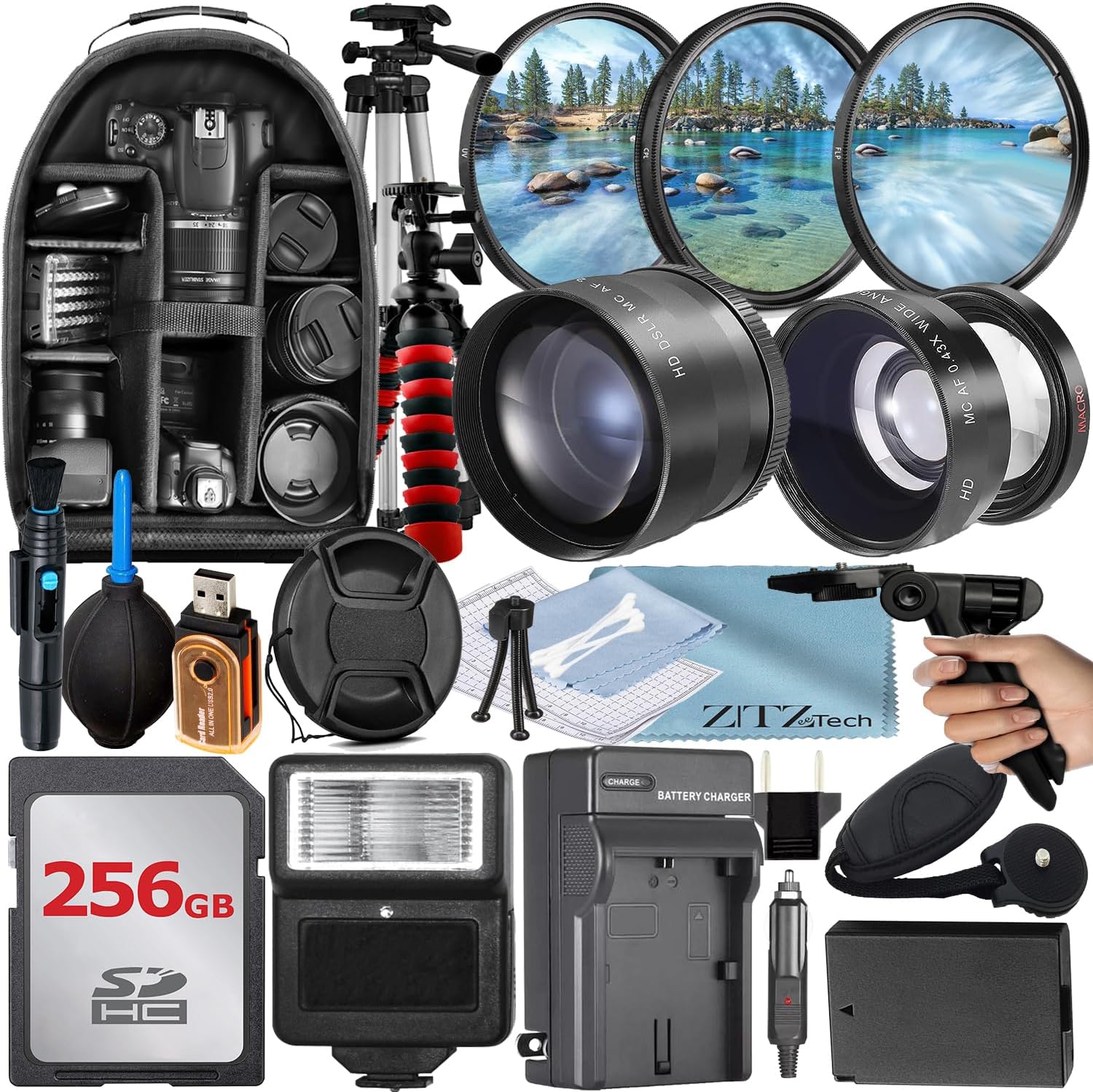49mm Accessory Bundle for Canon EOS: R100, R50, R10, M5, M6 Mark II, M6 + LP-E17 Battery + 256GB Memory Card + Wide Angle + Telephoto Lens + Battery Charger + Backpack + Flash + More