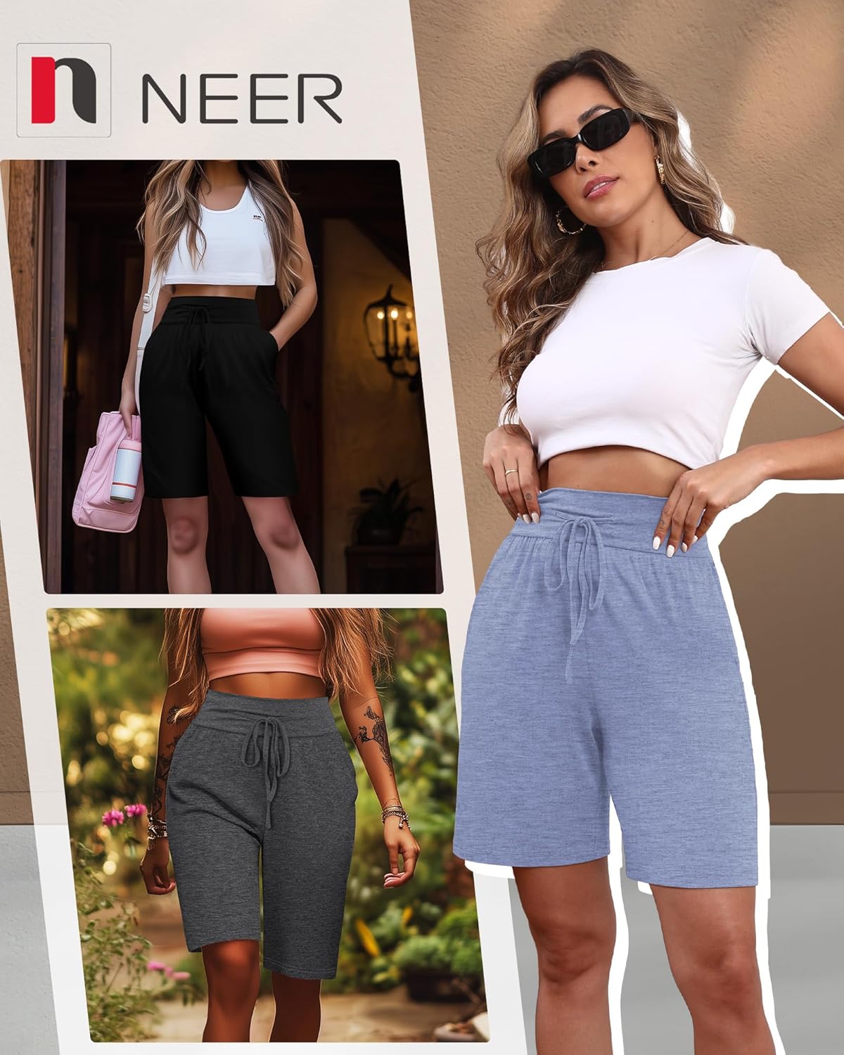 Neer 3 Pack Women's Bermuda Shorts, Knee Length Wide High Waisted Drawstring Casual Athletic Shorts with Pockets - Image 5
