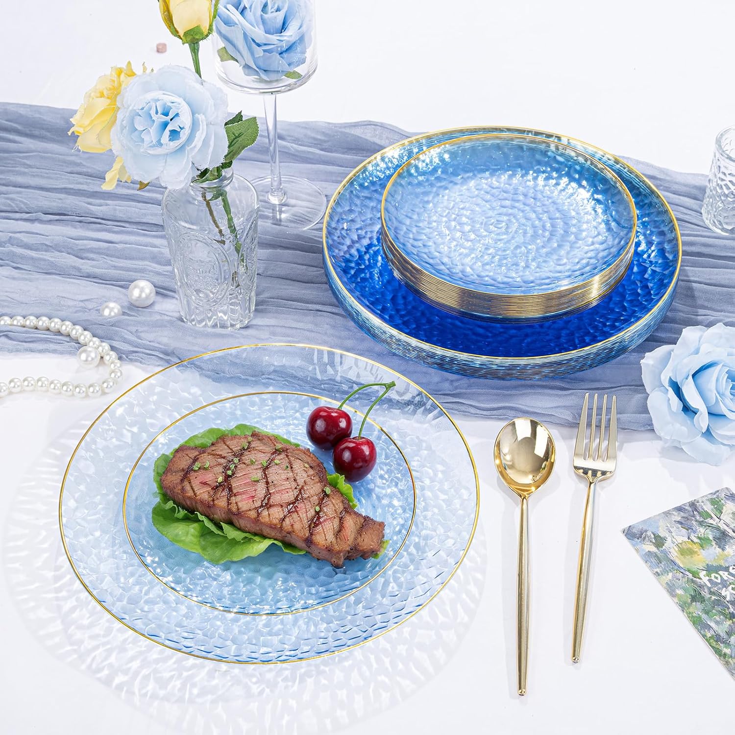 SUT 36Pcs Blue Plastic Plates, Hammered Plates Disposable Heavy Duty, Blue Disposable Plates With Gold Rim, Fancy Plastic plates Include 18 Dinner plate and 18 Dessert plate for Wedding - Image 7