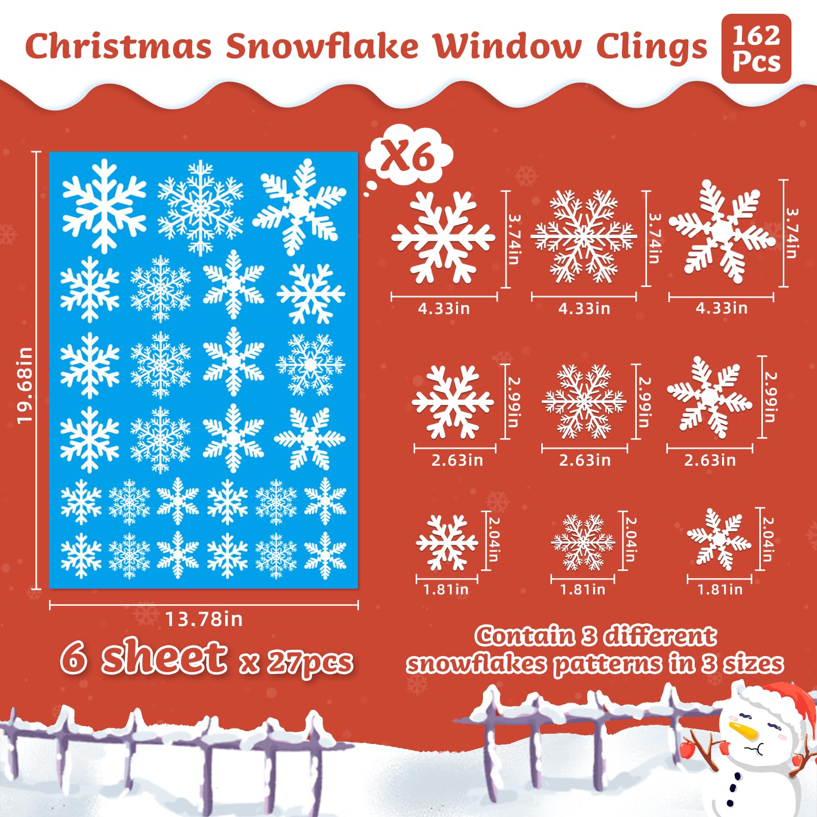 162Pcs Christmas Window Clings Snowflake Christmas Window Stickers Static Creative Window Decals for Christmas Decorations (162 PCS)