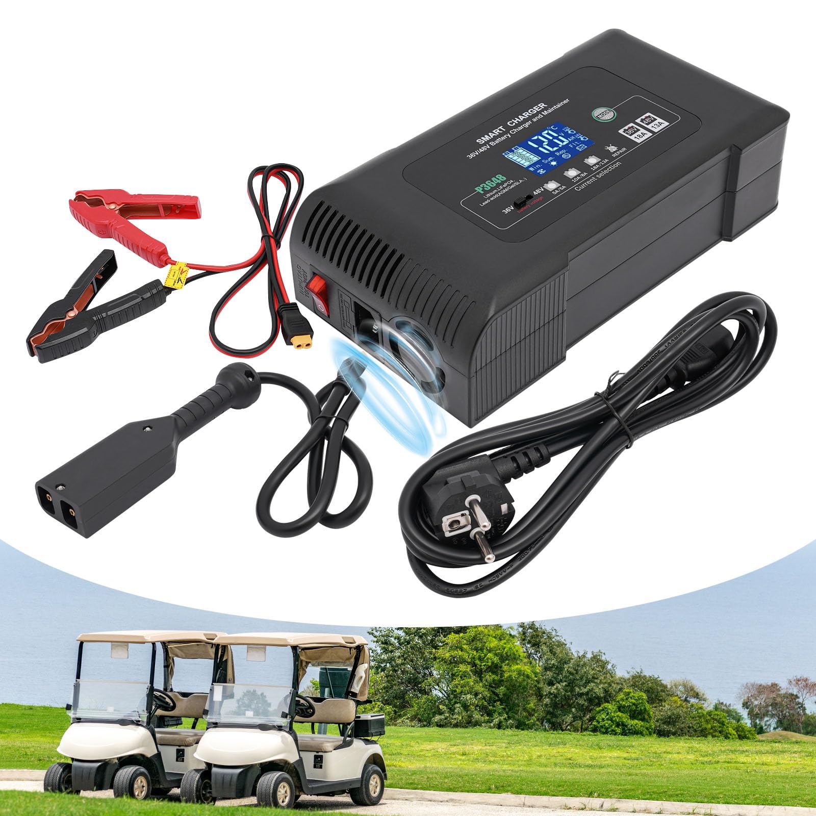 Cargador de coche de 36 V, 23 x 12,5 x 7 cm, cargador de batería inteligente rápido, para cargar baterías de litio, LiFePO4 y plomo-ácido