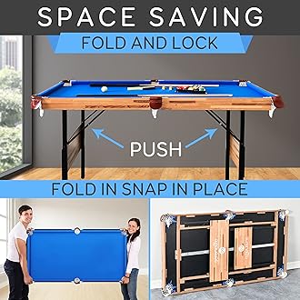 SereneLife 4.5ft Folding Pool Table, 55in Portable Foldable Billiards Game Table for Kids and Adults with Accessories, Indoor and Outdoor Games with Sticks, Cue, Balls and Triangle, Blue