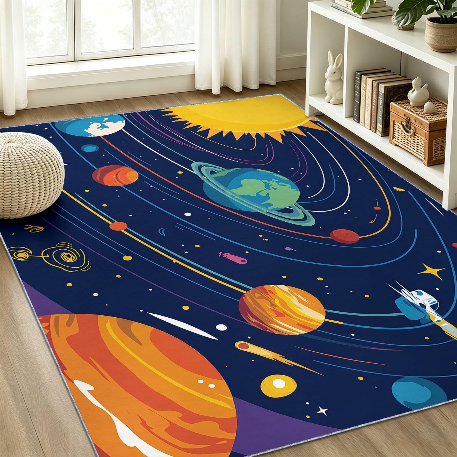 Geometrisch Abstrakt Kinderteppich Sonnensystem Planeten Sternenhimmel Umlaufbahnen, 180 x 240 cm | waschbar Pflegeleicht rutschfest strapazierfähig hautsympathisch, Schlafzimmer Wohnzimmer Esszimmer