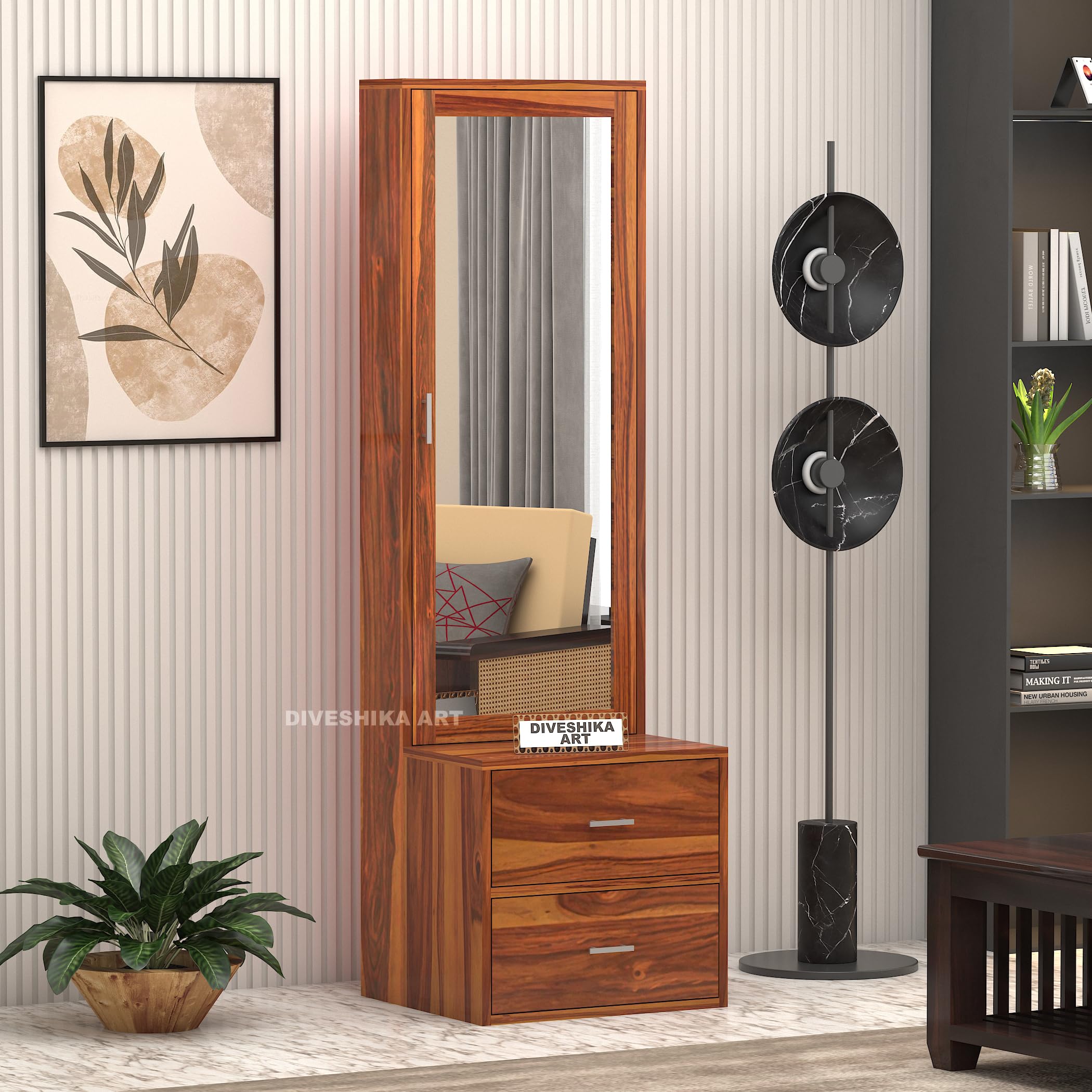 Solid Sheesham Wooden Dressing Table with Storage - 2 Drawer & 4 Shelves - Vanity Table/Makeup Table/Dressing Table with Mirror - Wooden Dressing Tables for Bedroom Dresser (Design 3)-image-19