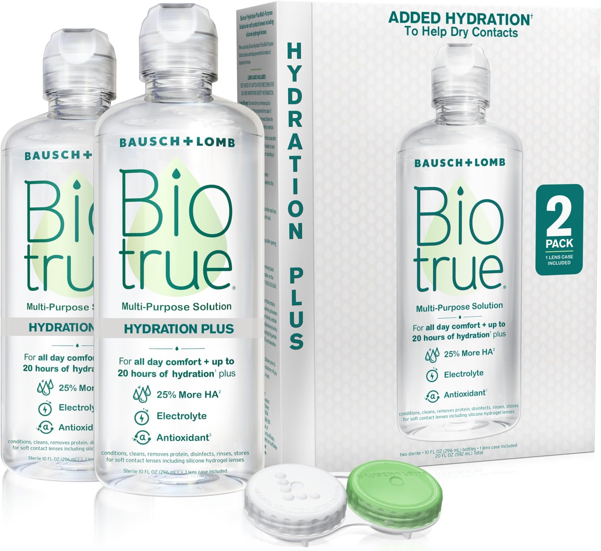 Biotrue Hydration Plus Contact Lens Solution with Lens Case, Multi-Purpose Solution for Soft Lenses, Hydrates with Hyaluronan, Cleans, Clears, and Disinfects for All-Day Comfort, 10 Fl Oz (Pack of 24)