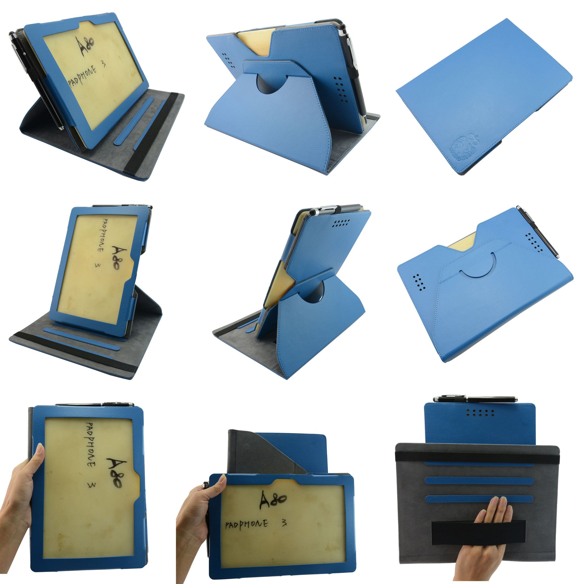 Coodio® Asus Padfone Infinity Station 4 A86 3 A80 360 Rotating Stand Leather Cover Built-in Hand Grip Card Holder (Blue)