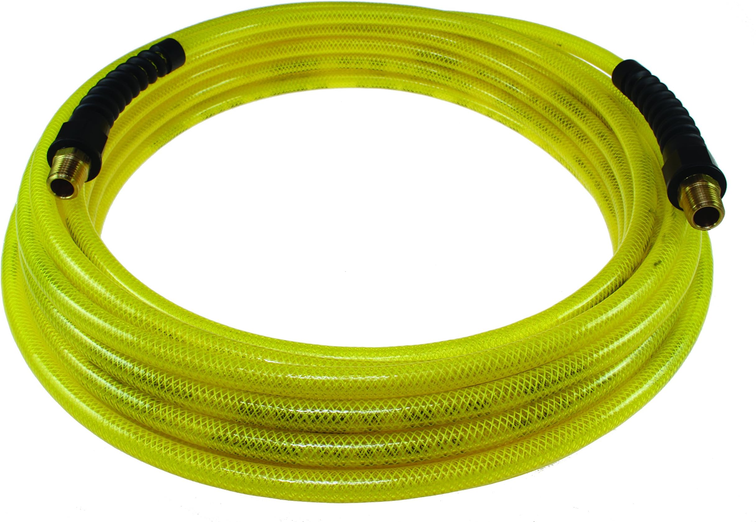 Coilhose Pneumatics PFE60254TY Flexeel Reinforced Polyurethane Air Hose, 3/8" ID, 25' Length with (2) 1/4" MPT Reusable Strain Relief Fittings, Transparent Yellow