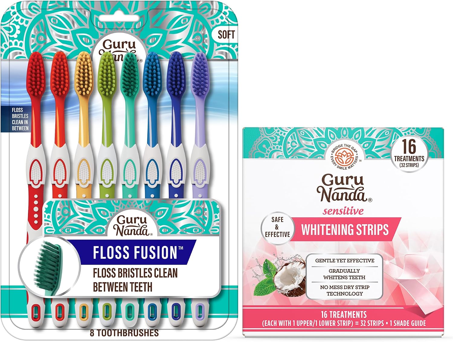 GuruNanda Oral Care & Whitening Bundle – Floss Fusion Toothbrush 8ct & 16-Day Sensitive Whitening Strips for a Brighter Smile & Happier Gums