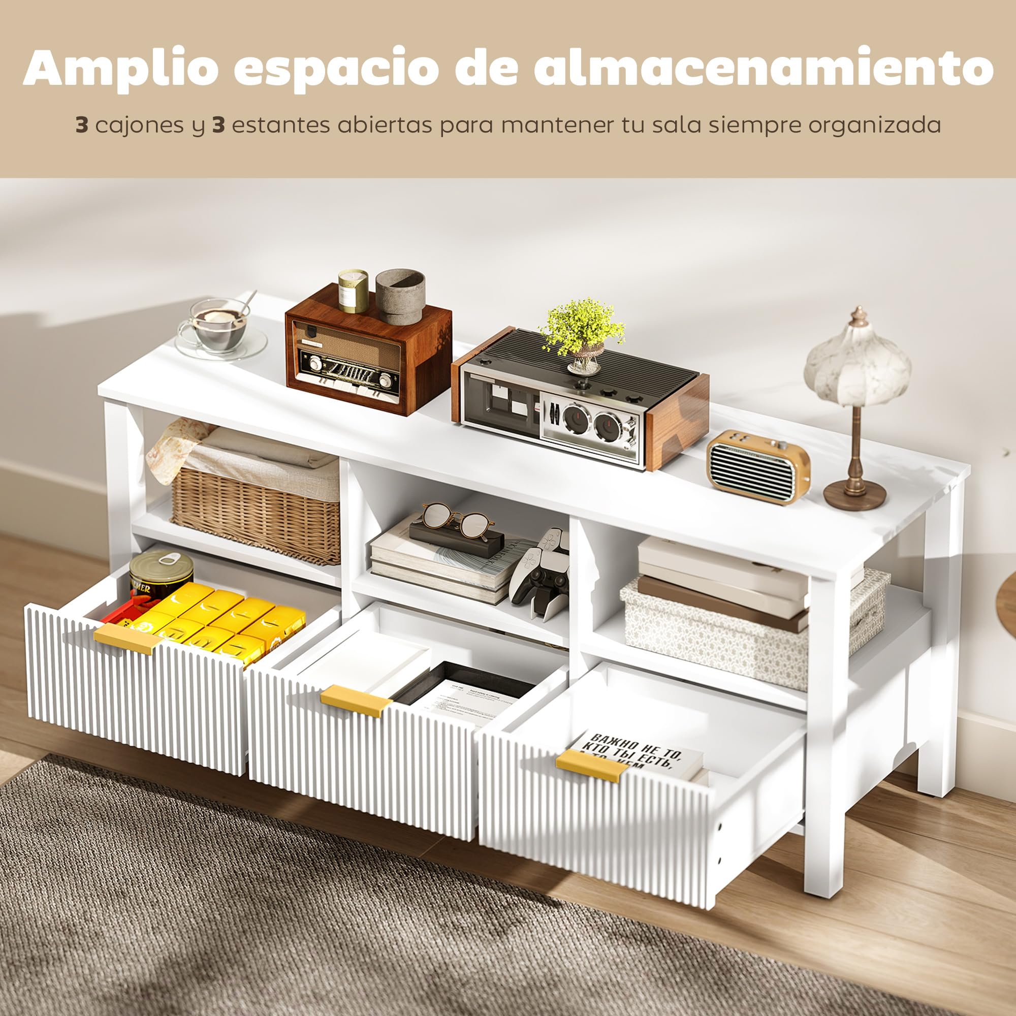 HOMCOM Mueble de TV Moderno para Salón, Mesa TV con 3 Cajones y 3 Estantes Abiertos, para Televisión de 43-55 Pulgadas, 120x39,5x50 cm, Blanco