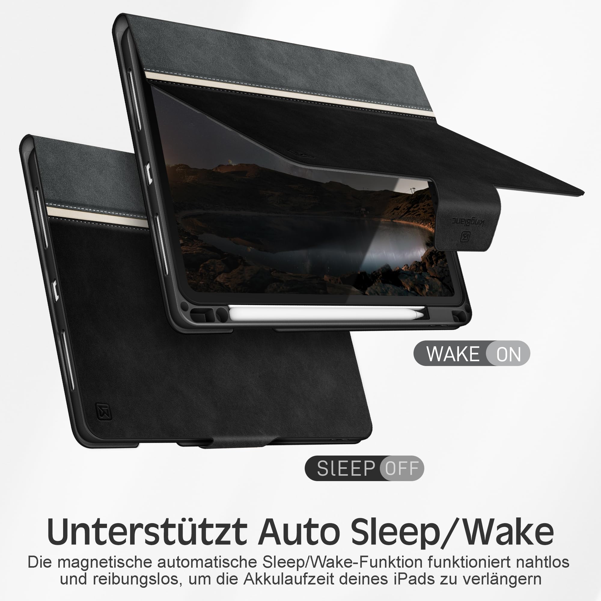 KingBlanc Hülle für iPad Air 13 Zoll M4/M3/M2 Schwarz | Design im Notizbuchstil, Stifthalter, PU Leder, Verstellbarer Ständer, Auto Schlaf/Wach, Unterstützt Pencil Pro/USB-C