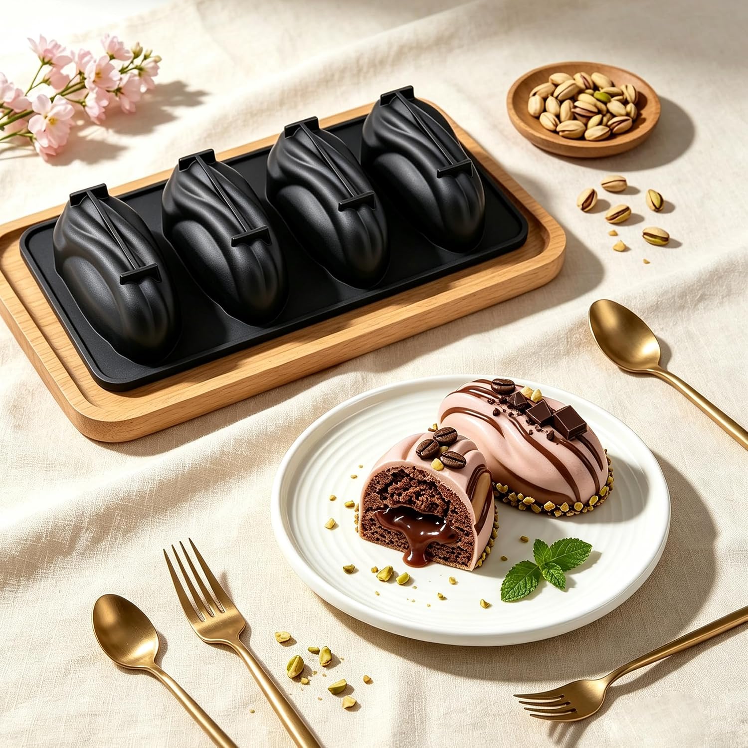 2 Pack 3D Pistachio Mousse Cake Molds, Food-Grade Silicone Baking Mold for Chocolate Pastry Mousse Cake, 4-Cavity Non-Stick Pistachio Shape Jello Mold for DIY Pastry Dessert,Reusable
