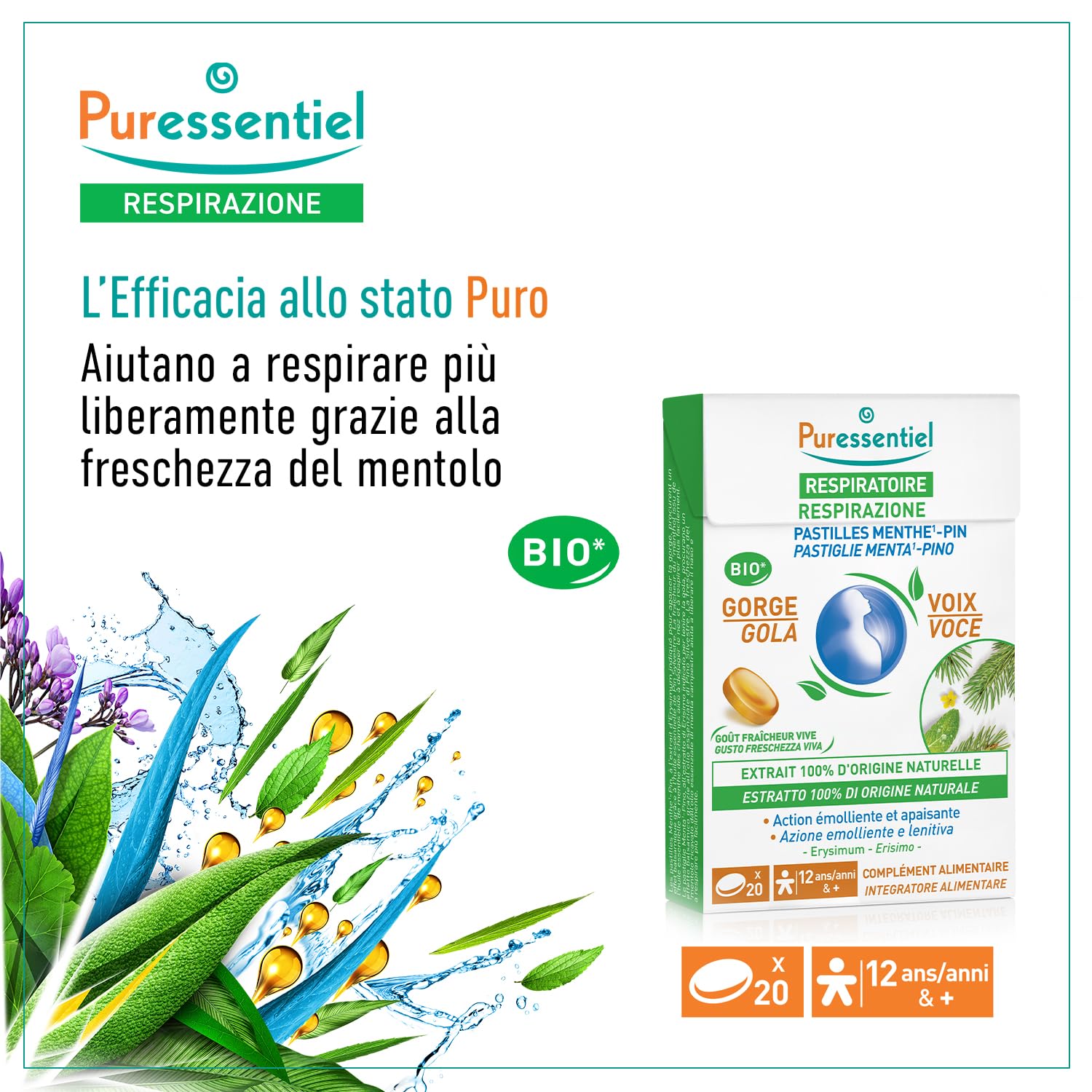 Puressentiel - Respirazione Pastiglie Gola Voce Menta Pino – All'Estratto di Erisimo – Procurano un effeto balsamico – Aiutano a liberare il naso – Dai 12 anni – 20 Pastiglie