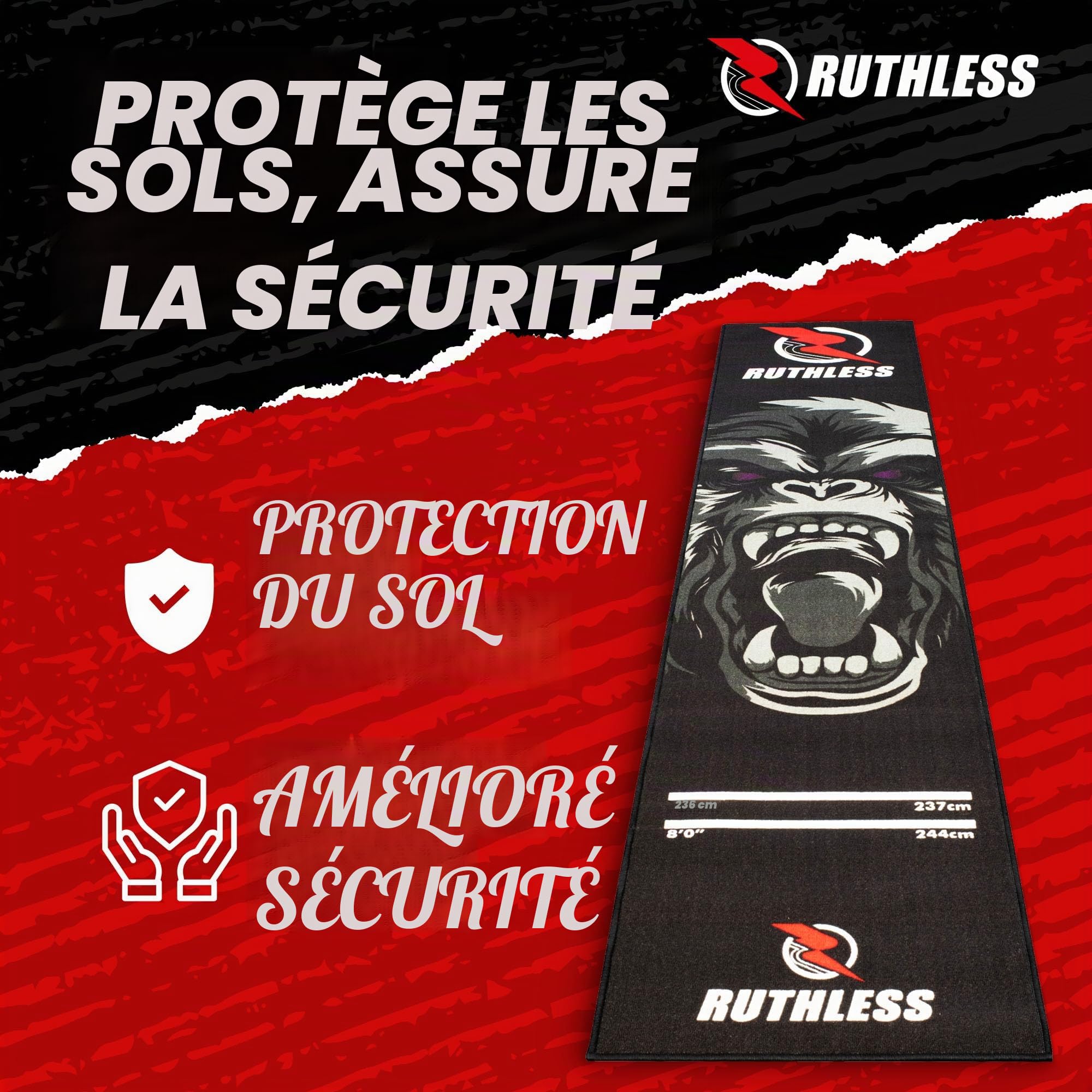 RUTHLESS Tapis de fléchettes | Tapis de fléchettes Robuste antidérapant Durable pour Sol Noir