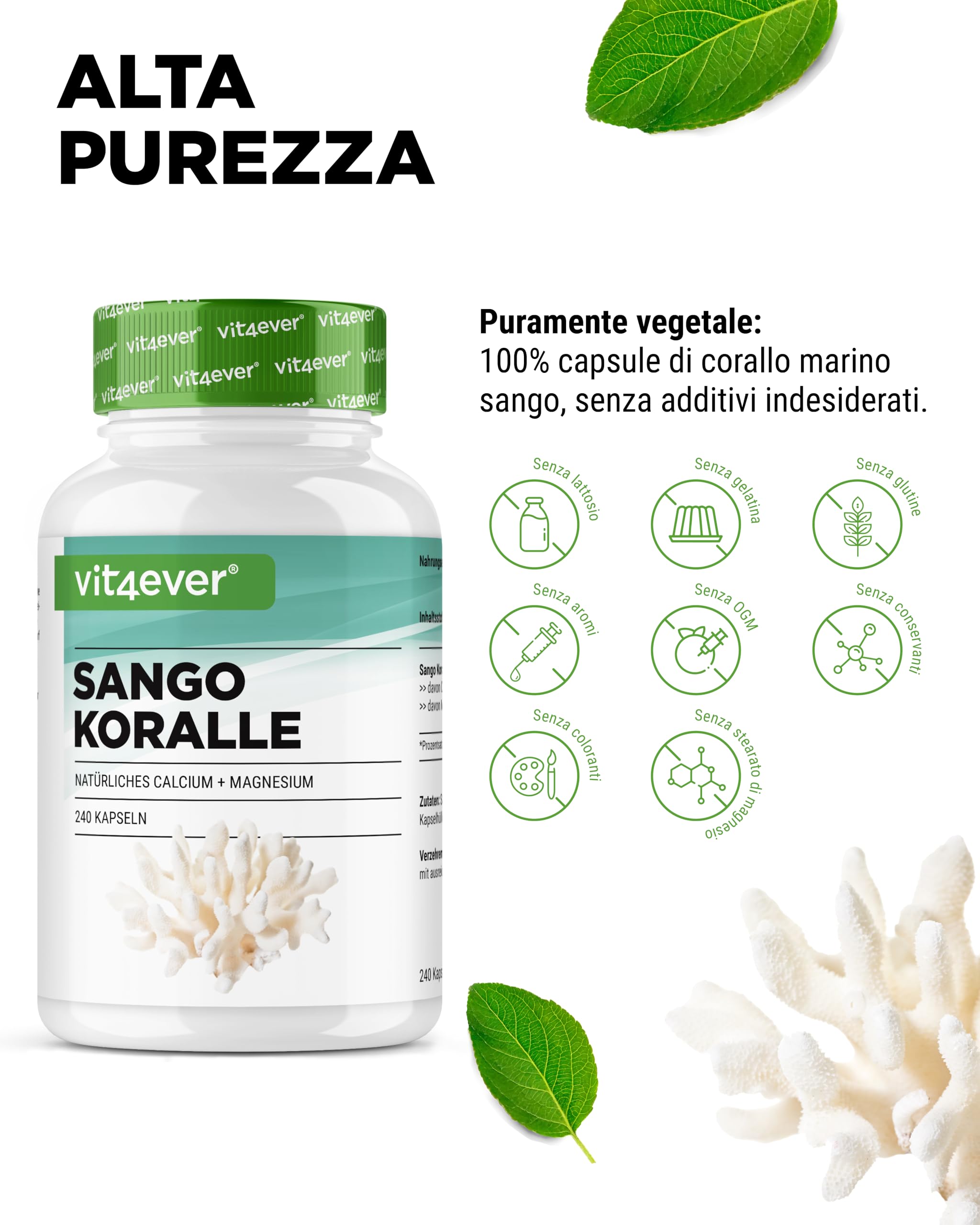 Corallo marino di Sango - 240 capsule (3 mesi) - 660 mg di calcio e 330 mg di magnesio - Fonte naturale di calcio e magnesio - Dosaggio elevato