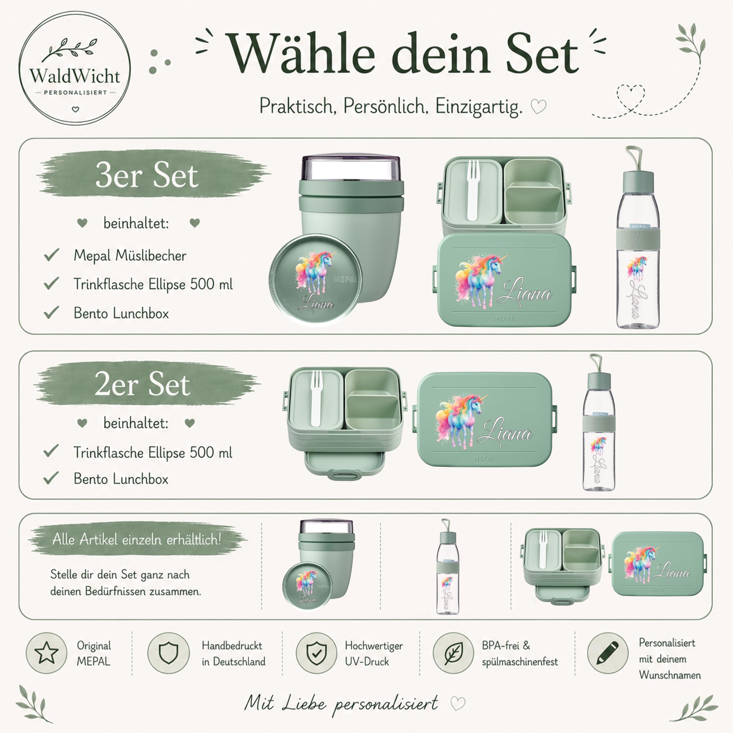 Mepal Personalisierte Brotdose Trinkflasche | Regenbogen Einhorn Mädchen