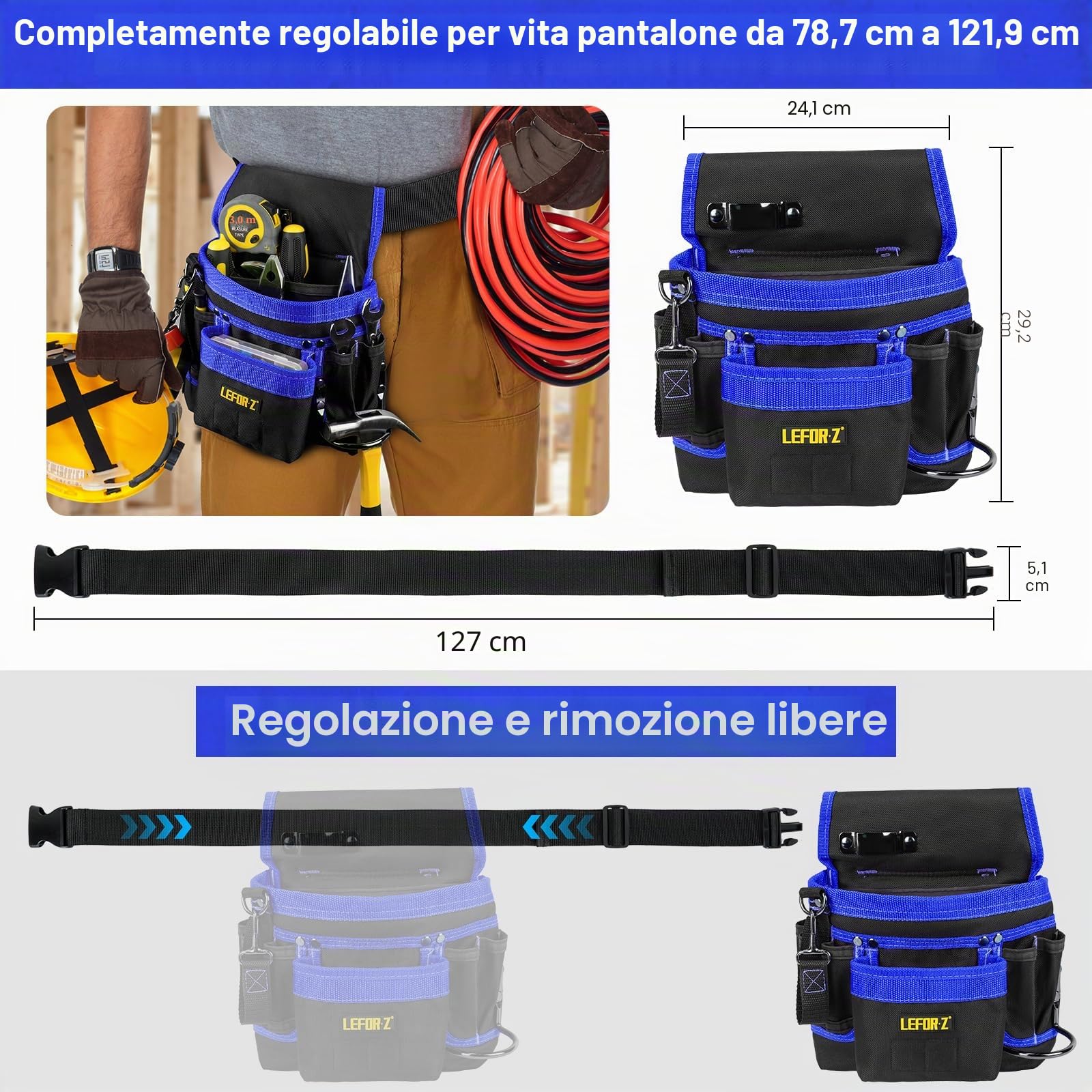 Cintura Porta Attrezzi,Magnetiche Cintura Attrezzi con 14 Tasche,Regolabili Staccabili Cintura Elettricista,Cintura Attrezzi Lavoro per Elettricista,Falegname,Edilizia,Nero-Blu