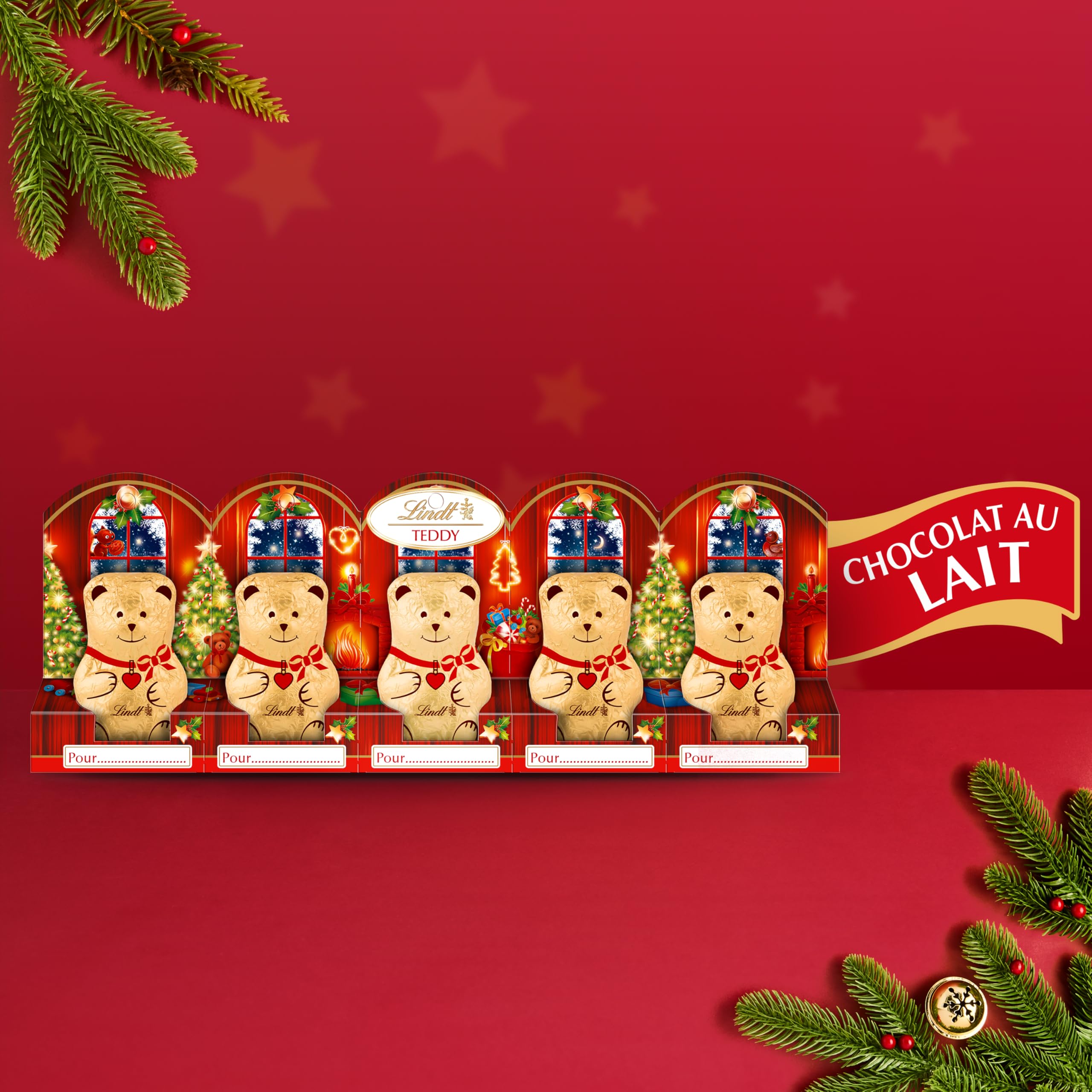 Lindt - Barrette de 5 Mini-moulages TEDDY - Chocolat au Lait - Idéal pour Noël, 5x10g