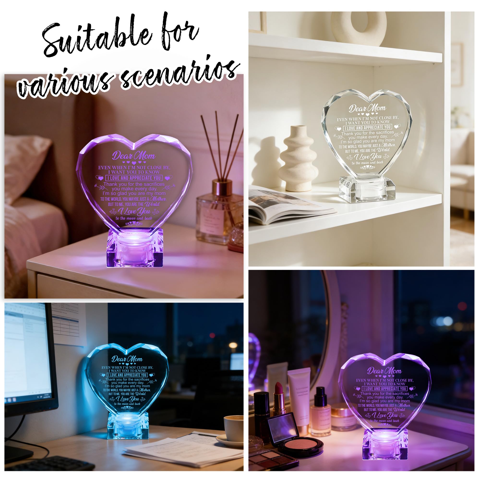Cadeau unique pour maman, cadeau pour Noël, anniversaire, cœur en cristal gravé avec base LED rechargeable à changement de couleur, parfait pour maman de la part de sa fille et de son fils