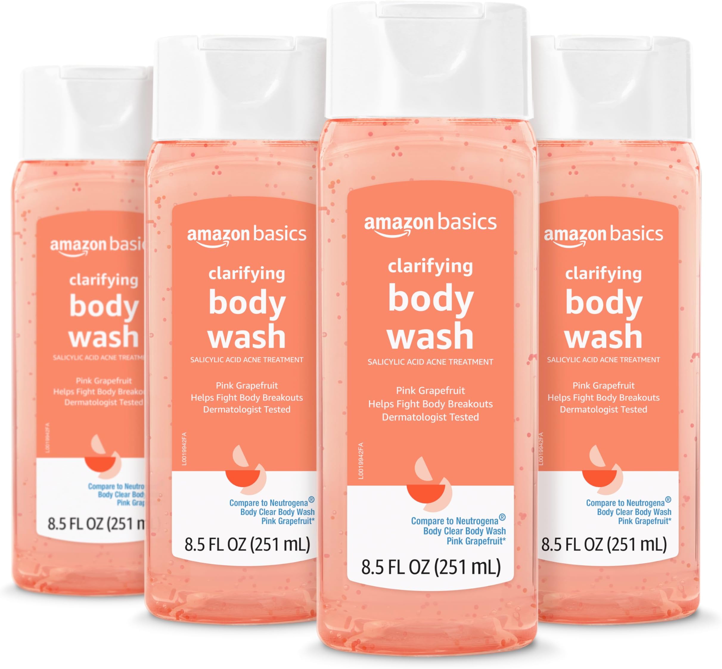 Amazon Basics Clarifying Pink Grapefruit Body Wash, 2% Salicylic Acid Acne Treatment, Foaming, Refreshing, Prevents Breakouts, Dermatologist Tested, 8.5 fl oz, 4-Pack (Previously Solimo)