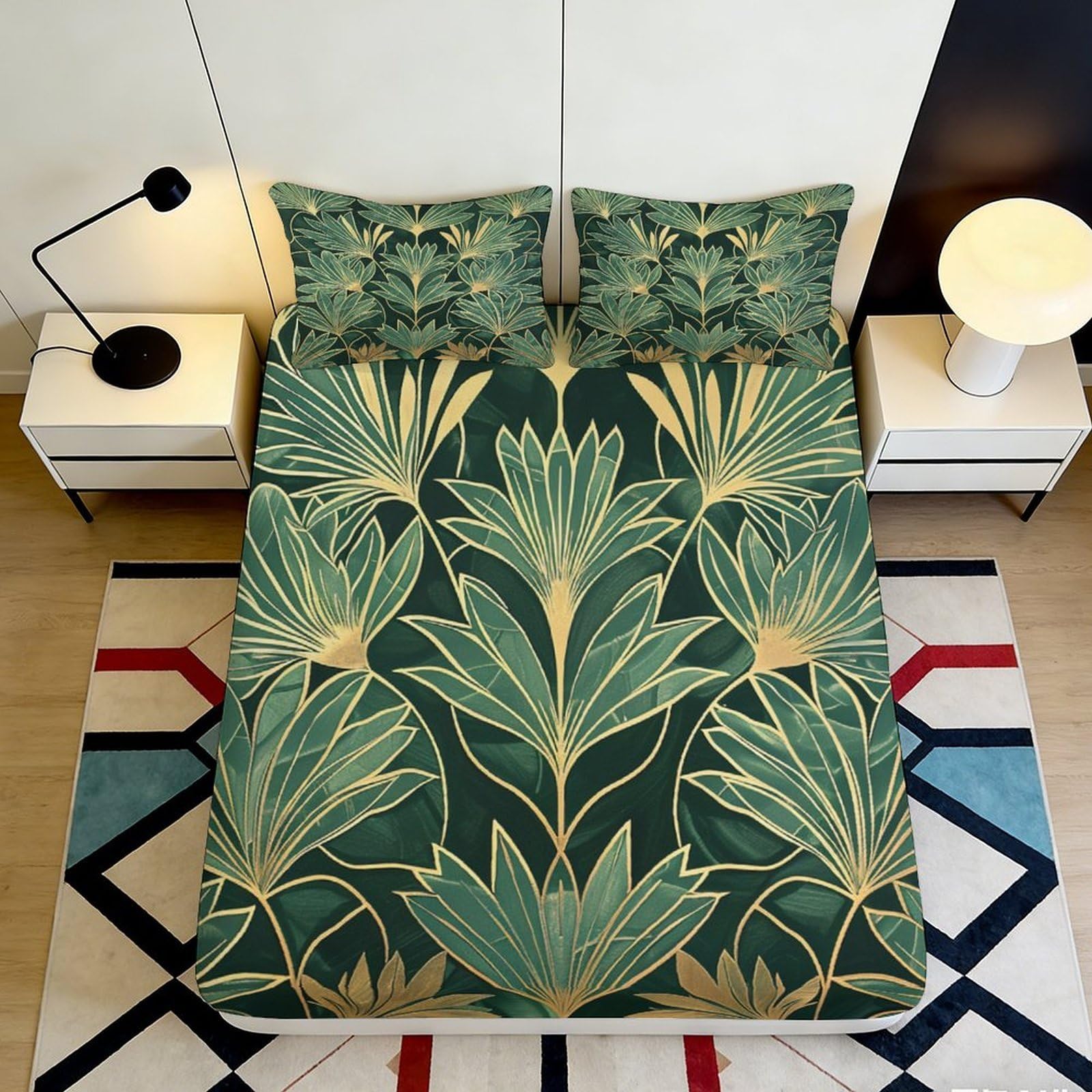3D Printed Leaf Pattern Fitted Sheet Microfiber Deep Pocket Non-Slip Bedding Set Botanical Mattress Fitted Cover Washable Full Wrap for Adults 90x200x25cm