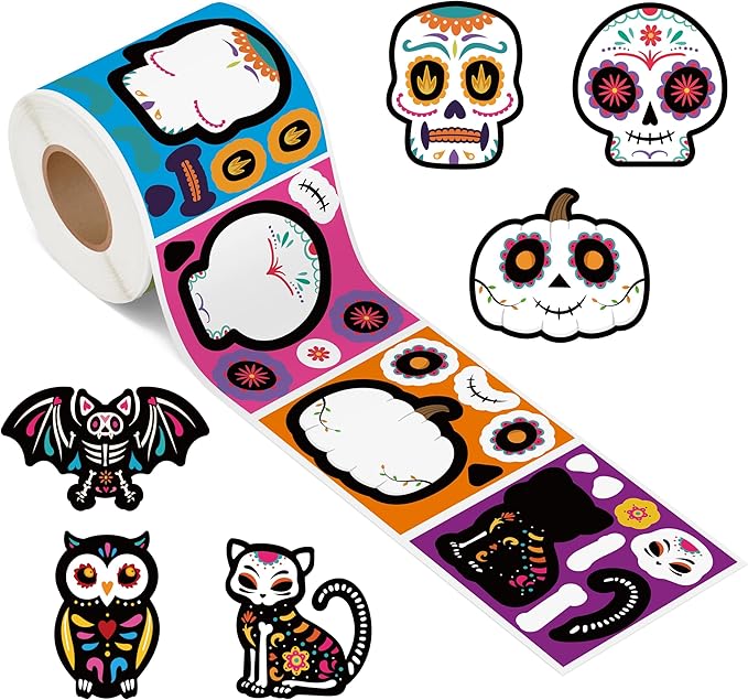 Haooryx Sugar Skull Sticker Rolls - 300Pcs Day of The Dead Sticker, Make Your Own Skeleton Pumpkin Cat Owl Mexican Fiesta Decors, Mix and Match Día de Los Muertos DIY for Kids Laptop Gift Wrap Labels