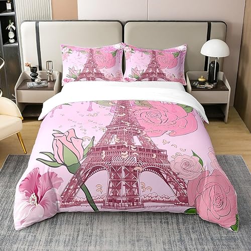 Erosebridal Juego de funda de edredón de la Torre Eiffel de 100% algodón natural para niñas, romántico, rosa, floral, tamaño matrimonial, bonita