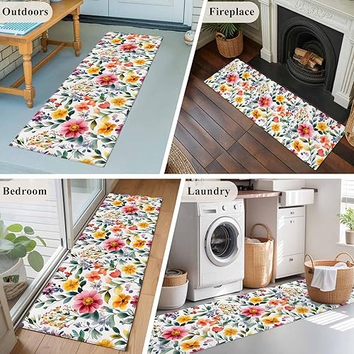 Miniatura 6 de 2x6 Kitchen Runner Rug, Retro Flower Non-Skid Rubber Backing Large Rectangle Rugs - Living Room Bedroom Home Office, Boho Country Floral Leaf Plant