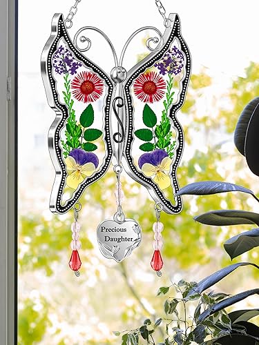 Miniatura 4 de KY&BOSAM - Adorno consistente en cristales atrapaluz con forma de mamá mariposa, carillón de viento con forma de mariposa con alas con flores