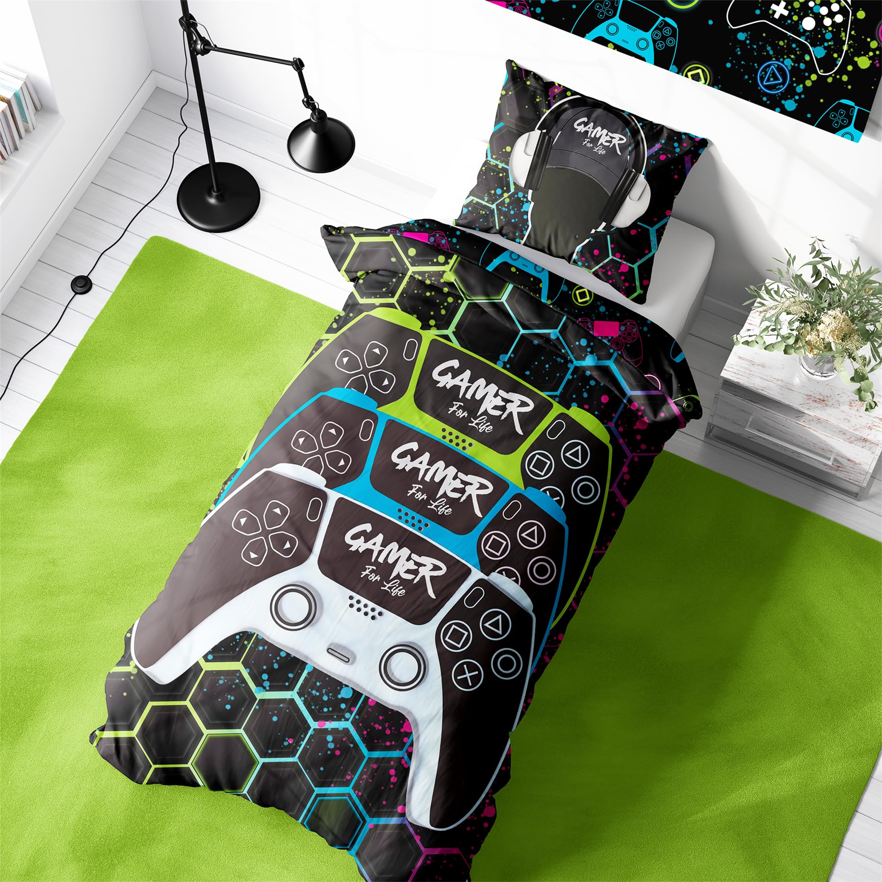 Gamer Single Duvet Cover - Graffiti Design - Reversible Bedding Set - Polycotton