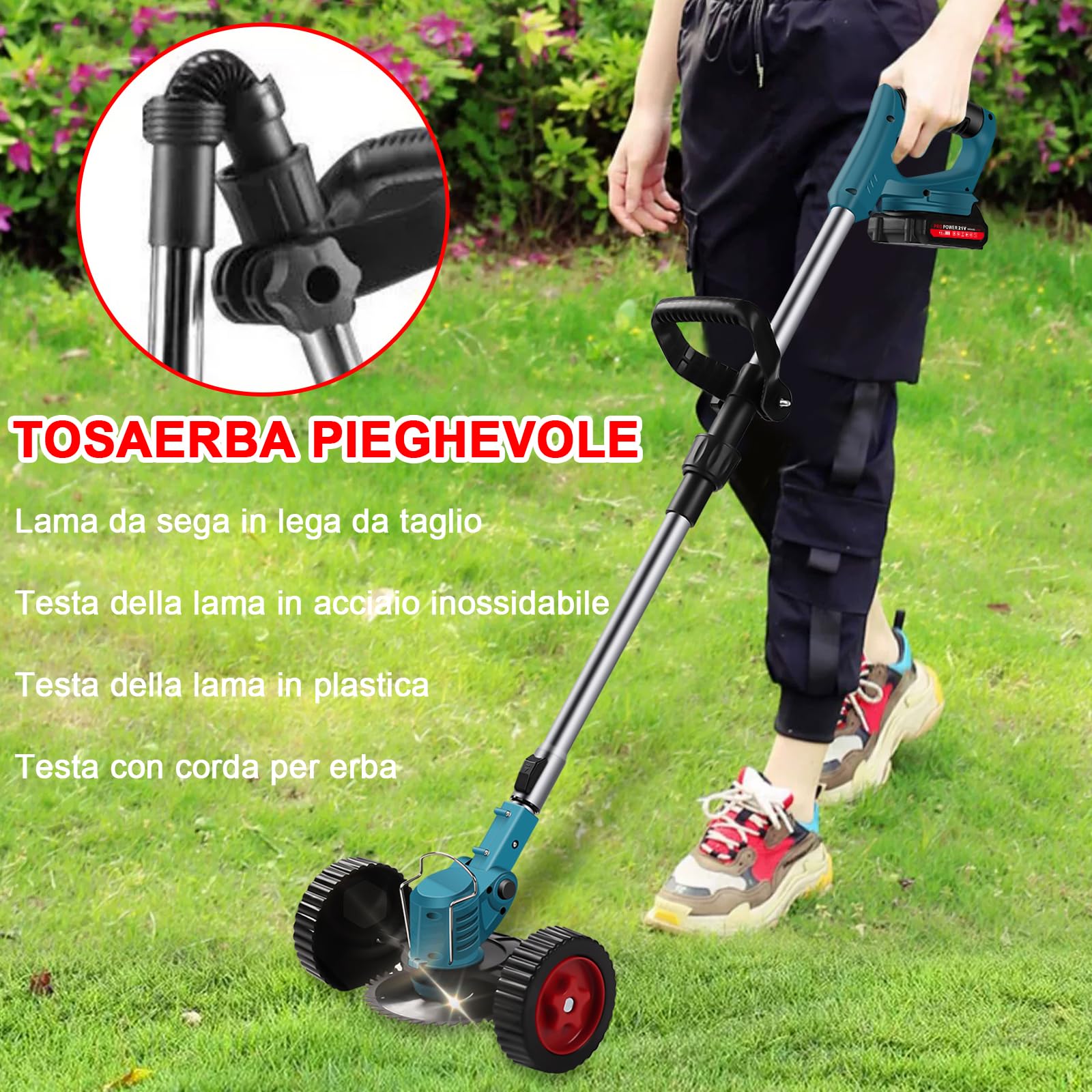 Decespugliatore elettrico con 2 batterie, 3 Tipi lame compatibile con batterie da 21 V, motore brushless, tosaerba manuale, per tosaerba e bordi Prati E Terreni
