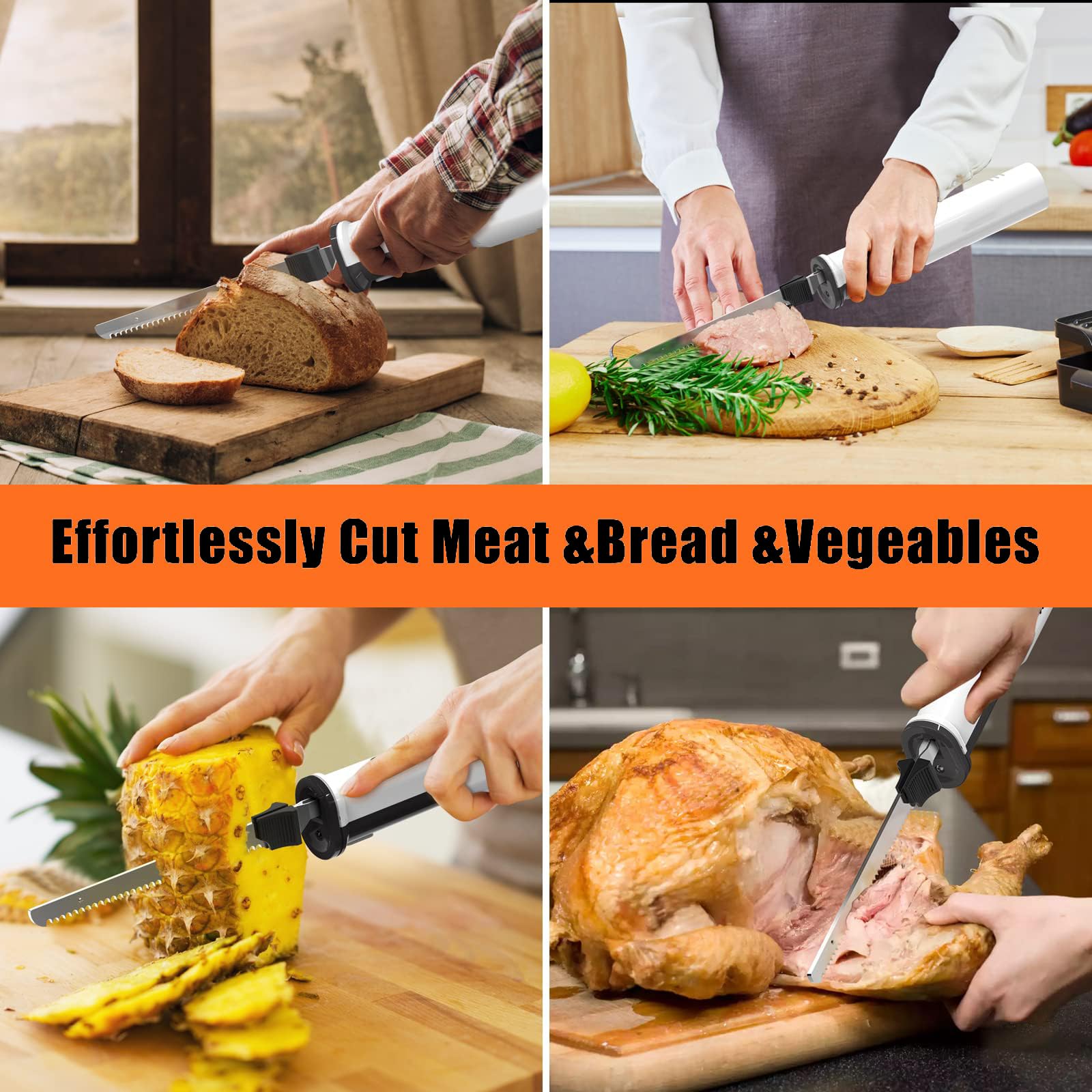 Coltello elettrico per intaglio della carne, 2 lame seghettate, per affettare carne e pane senza sforzo, con blocco di sicurezza, essenziale per la cucina